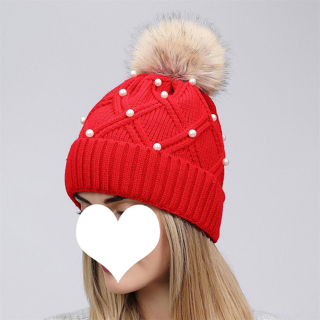 DÖRÖY Strickmütze Women's Fashion Hairball Knitted Cap, Winter Thickened Warm Woolen Cap Rot