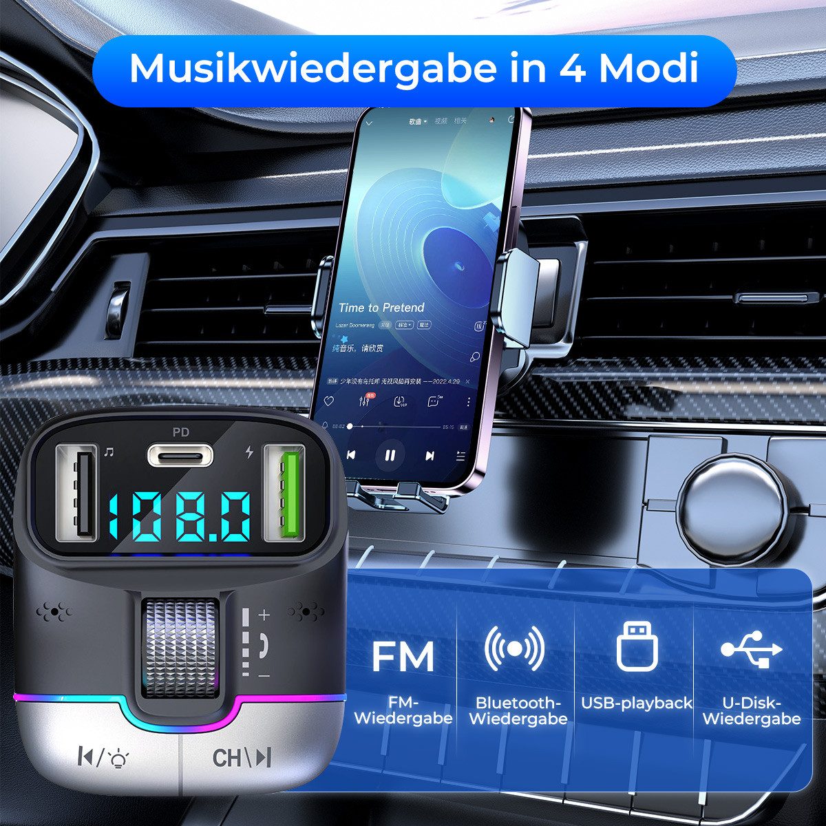 VSIUO FM Transmitter, Auto Adapter KFZ-Transmitter Bluetooth 5.0 zu USB-C, 3-in-1 MP3 Player mit 3 USB Anschlüsse, Freisprechfunktion