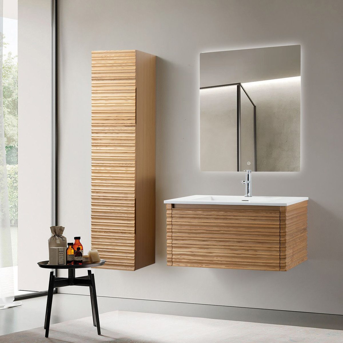 Belvit Waschbecken BV-WB5013-1 (einzel, 1-St), Aufsatzwaschbecken 80 cm Mattweiß Mineralguss mit Überlauf und