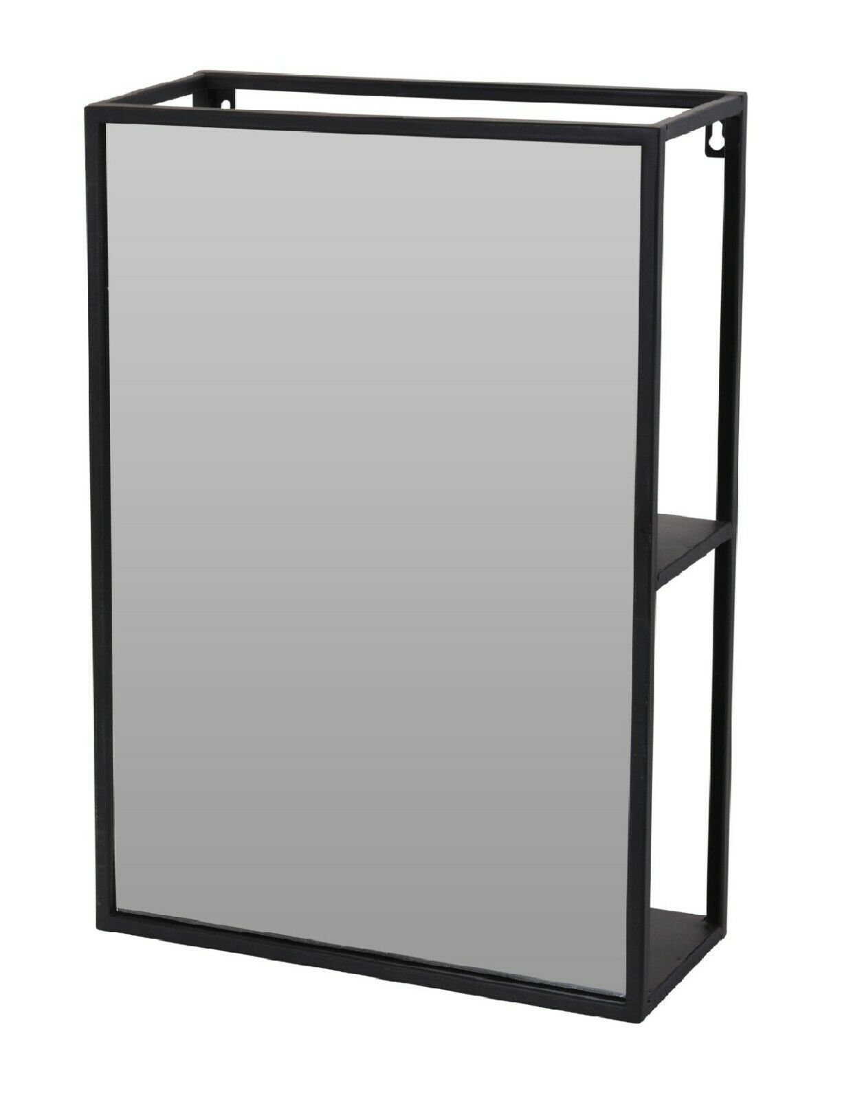 Meinposten Wandspiegel Wandspiegel Spiegel mit Ablage Schminkspiegel Metall  Glas Schwarz 35x50x12 cm (1-St), Moderner Spiegel aus Metall in schwarz mit  2 Regalfächern, rechteckig mit schwarzem Metallrahmen