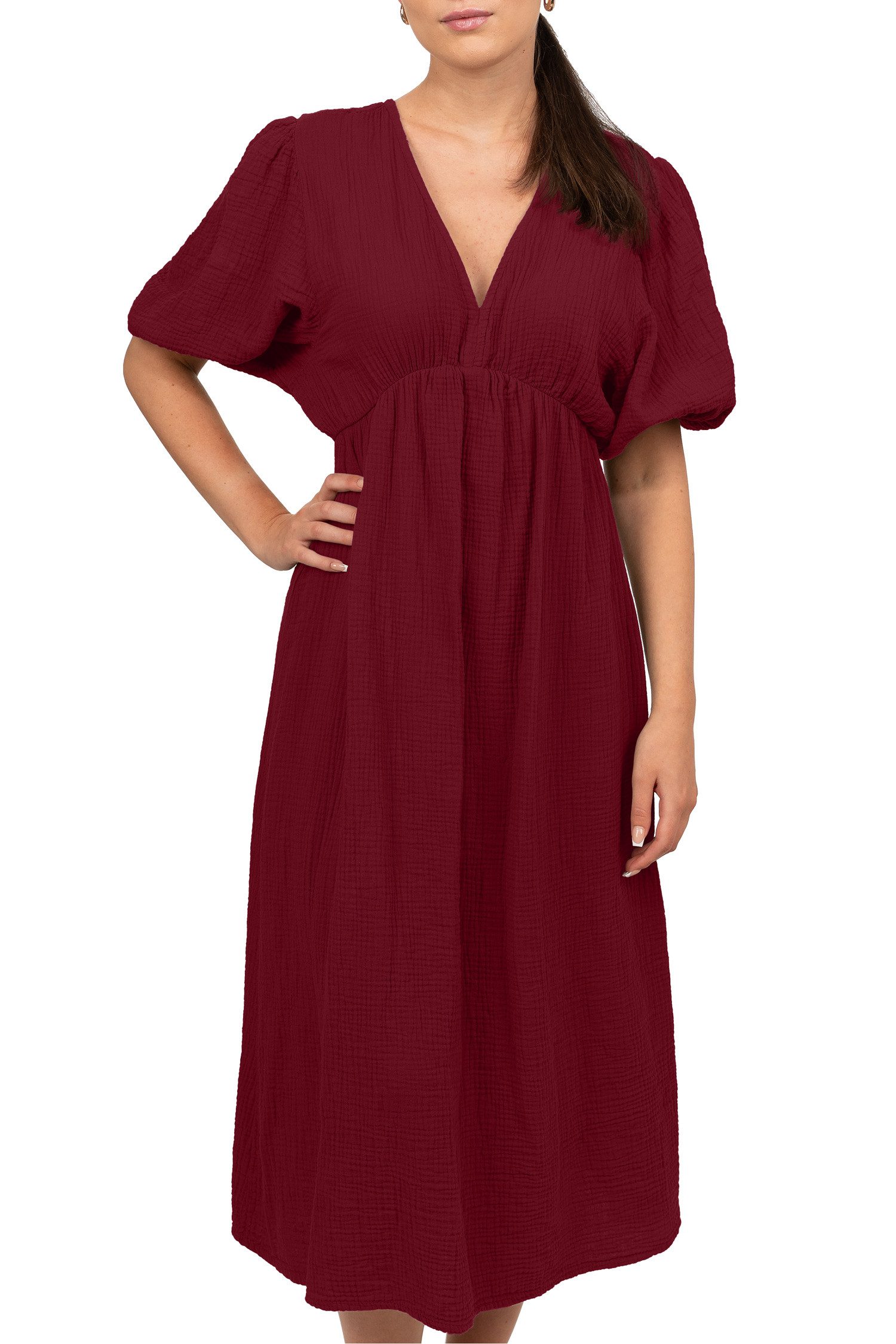 Reichstadt Sommerkleid Damen Musselin 25RSW077 Feminine Puffärmel und Rückenschleife