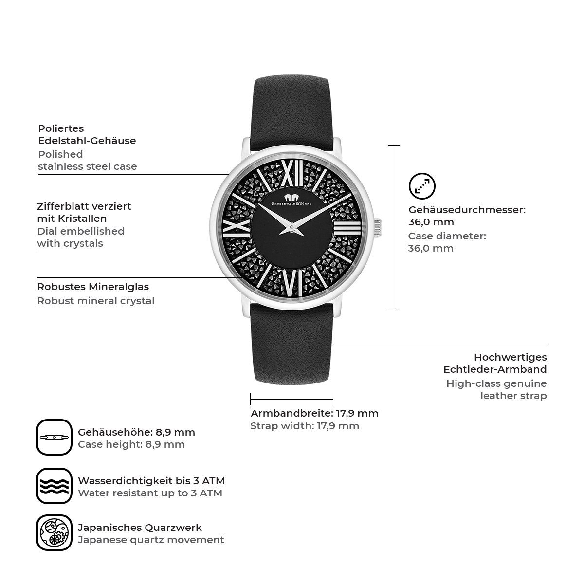 Rhodenwald & Söhne Quarzuhr Pamina schwarz, verziert mit Kristallen günstig online kaufen