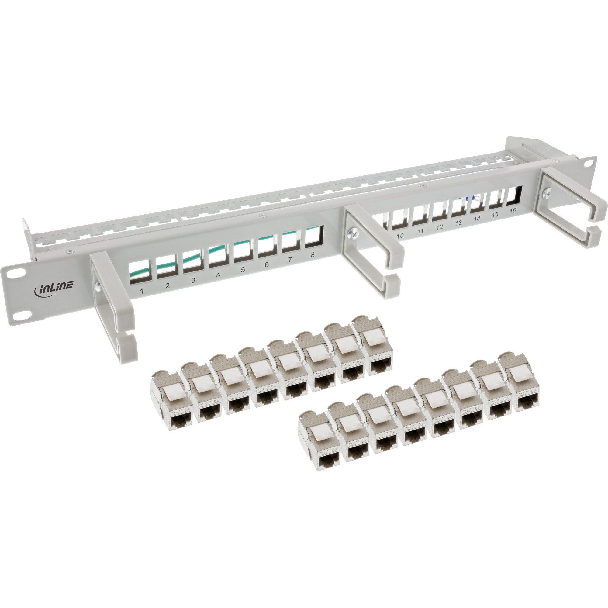 Cat.6A 16-fach, mit 3 Bügeln, 16 Keystones, 19", 1HE, grau Netzwerk-Patch-Panel