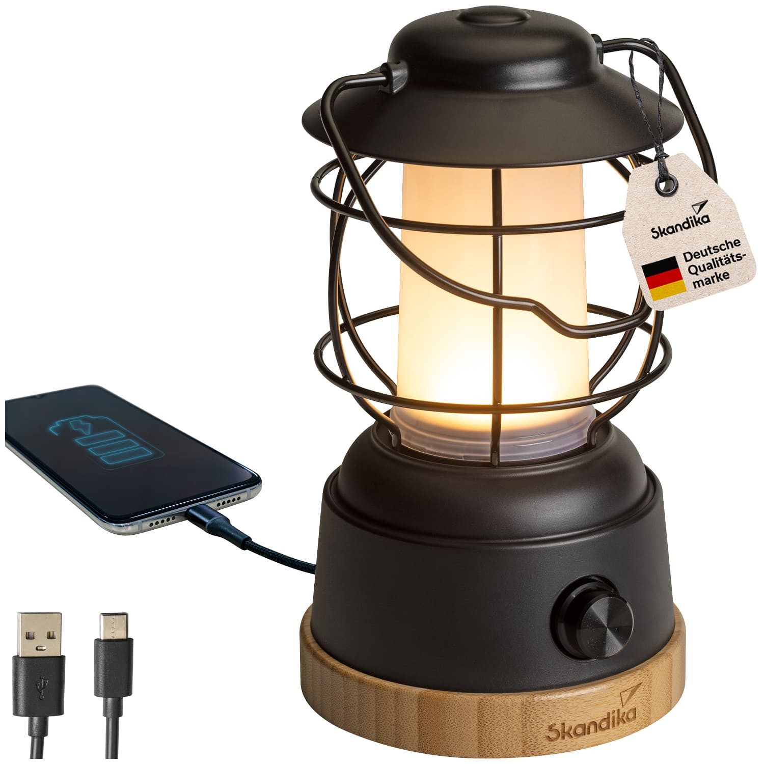 Skandika LED Gartenleuchte Campinglampe Kiruna Jord, Retro Outdoor-Lampe mit Powerbank, aufladbar, stufenlos dimmbar, USB, warm- und kaltweiß, 200h Leuchtzeit, hängend