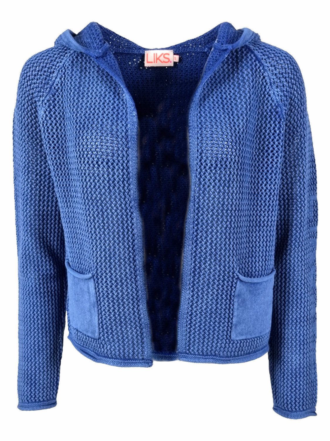 LIKS. Munich Strickjacke offen BlancaC mit Kapuze, aufgesetzten Taschen & eingestricktes Wording am Arm