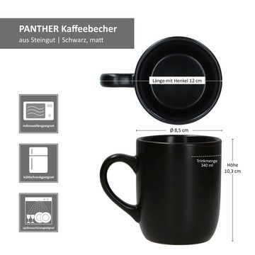 MamboCat Becher 6x Panther Kaffeebecher 340ml H10,3cm schwarz Steingut-Tassen, Steingut