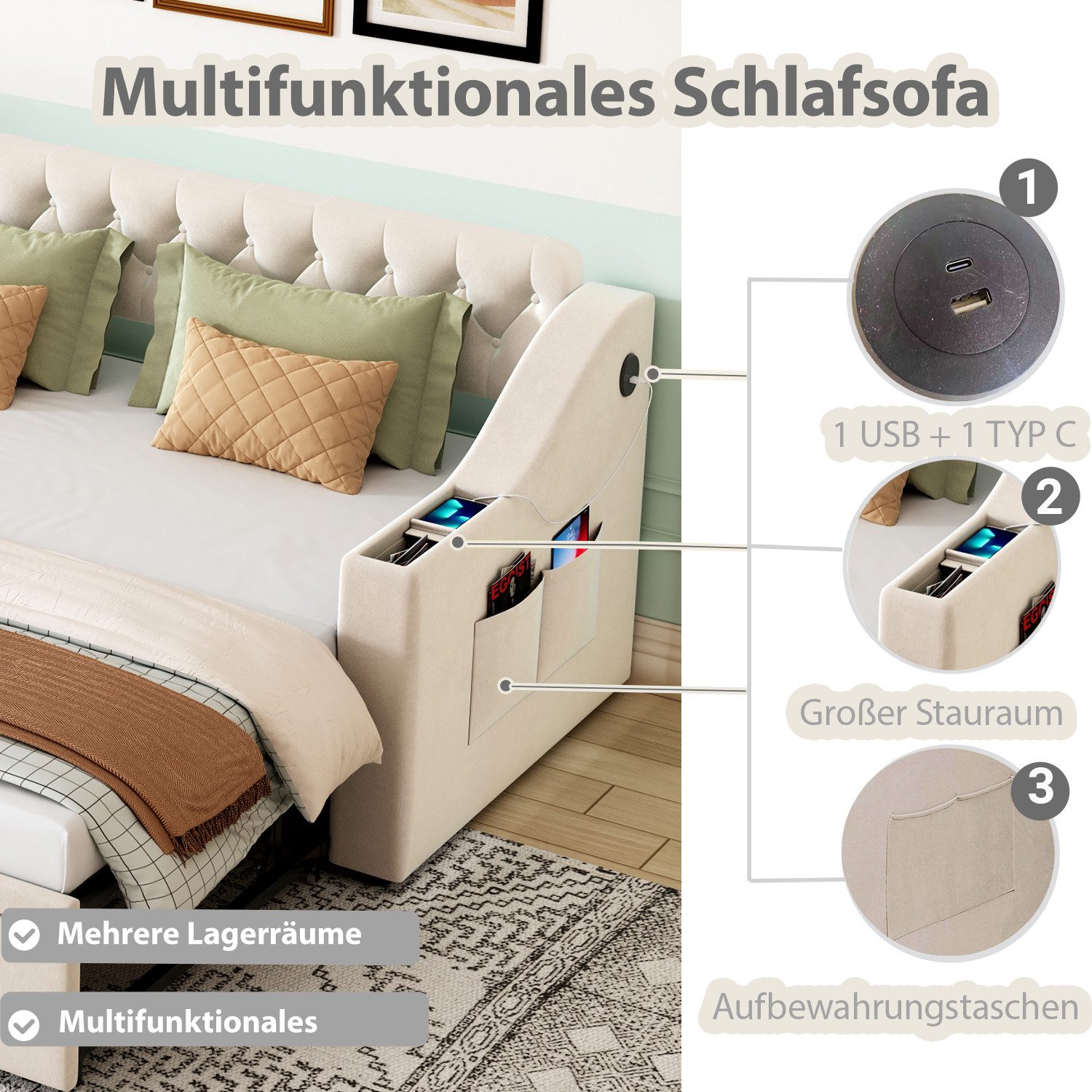 Odikalo Schlafsofa Schlafcouch 90x190 mit Lattenrost & USB Ohne Matratze, Polsterbett Schlafsofa, 90/180*190 cm, Breitere und Dickere Armlehnen mit USB-Ladeansc – Bild 4 von 5