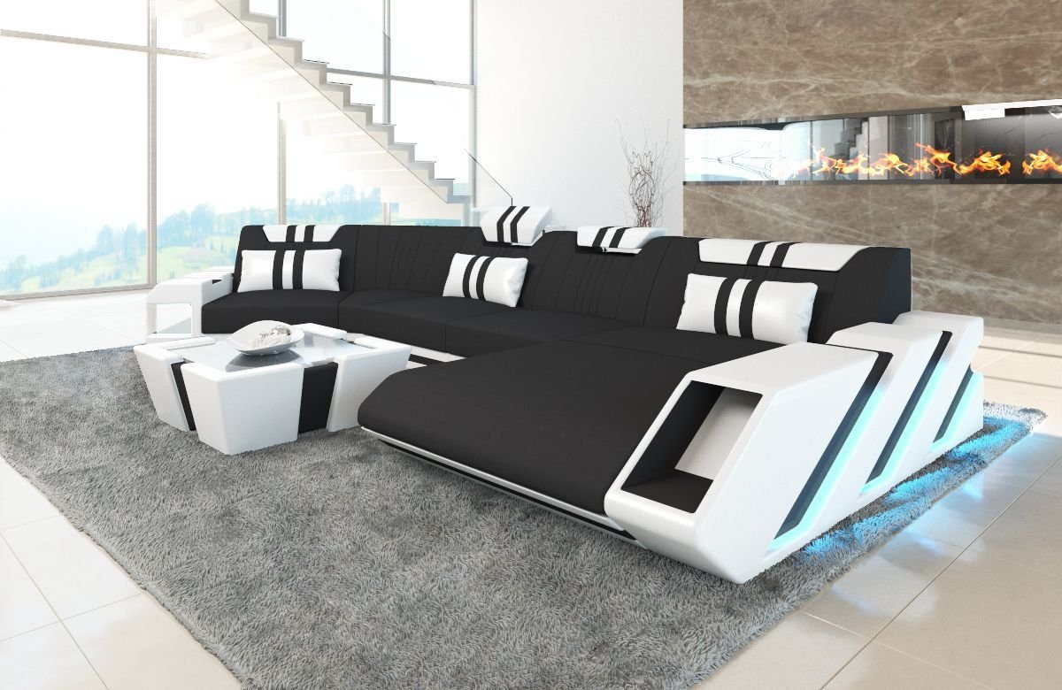 Sofa Dreams Wohnlandschaft Stoff Sofa Apollonia C Form Stoffsofa Polster Stoff Couch, mit LED, wahlweise mit Bettfunktion als Schlafsofa, Designersofa H8 Braun-Weiss