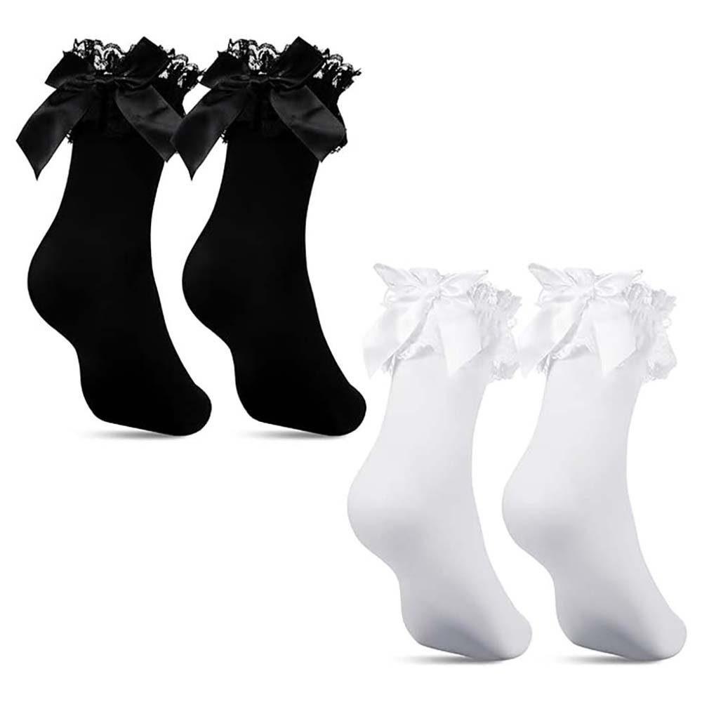 CTGtree Socken Rüschen Söckchen Spitze mit Böge für Damen 2 Paar Schwarz  Weiß (2-Paar)