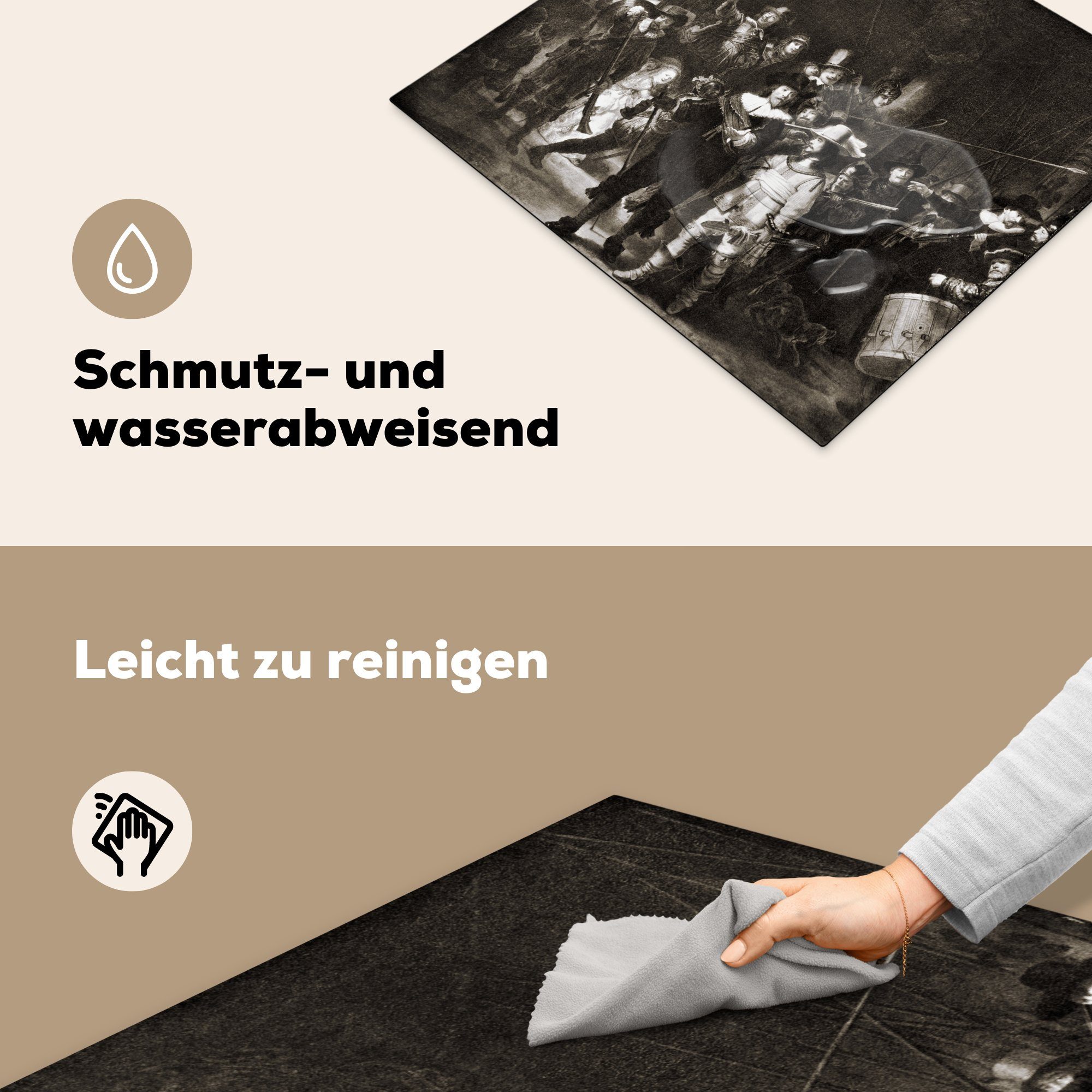 in für küche, van Schwarz Nachtwache Vinyl, Rijn, Induktionsmatte cm, die Ceranfeldabdeckung und tlg), (1 Rembrandt MuchoWow Herdblende-/Abdeckplatte - 59x52 Die Weiß