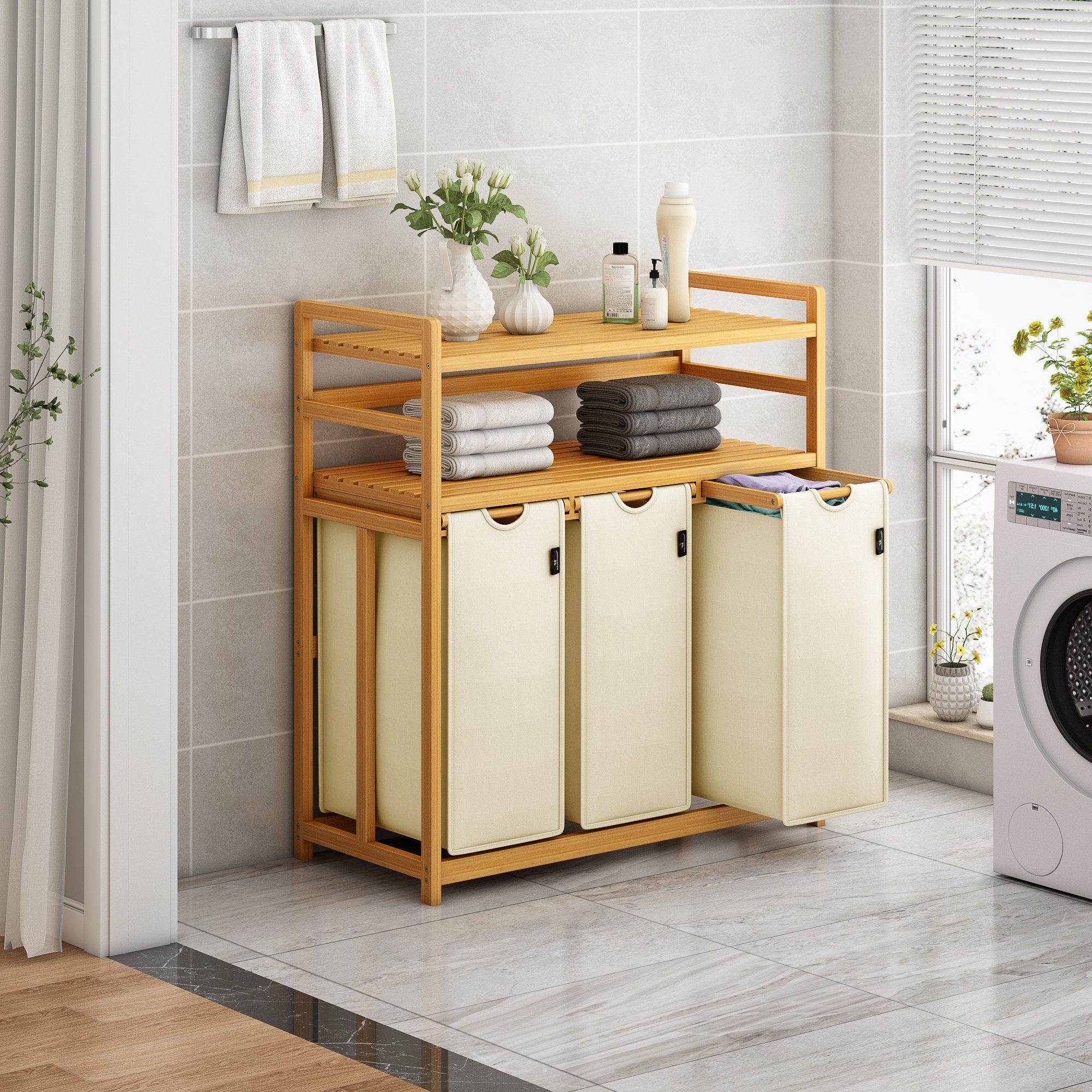 AdelDream Wäschekorb Wäschekorb 150L – 3 Fächer & 2 Regale günstig online kaufen