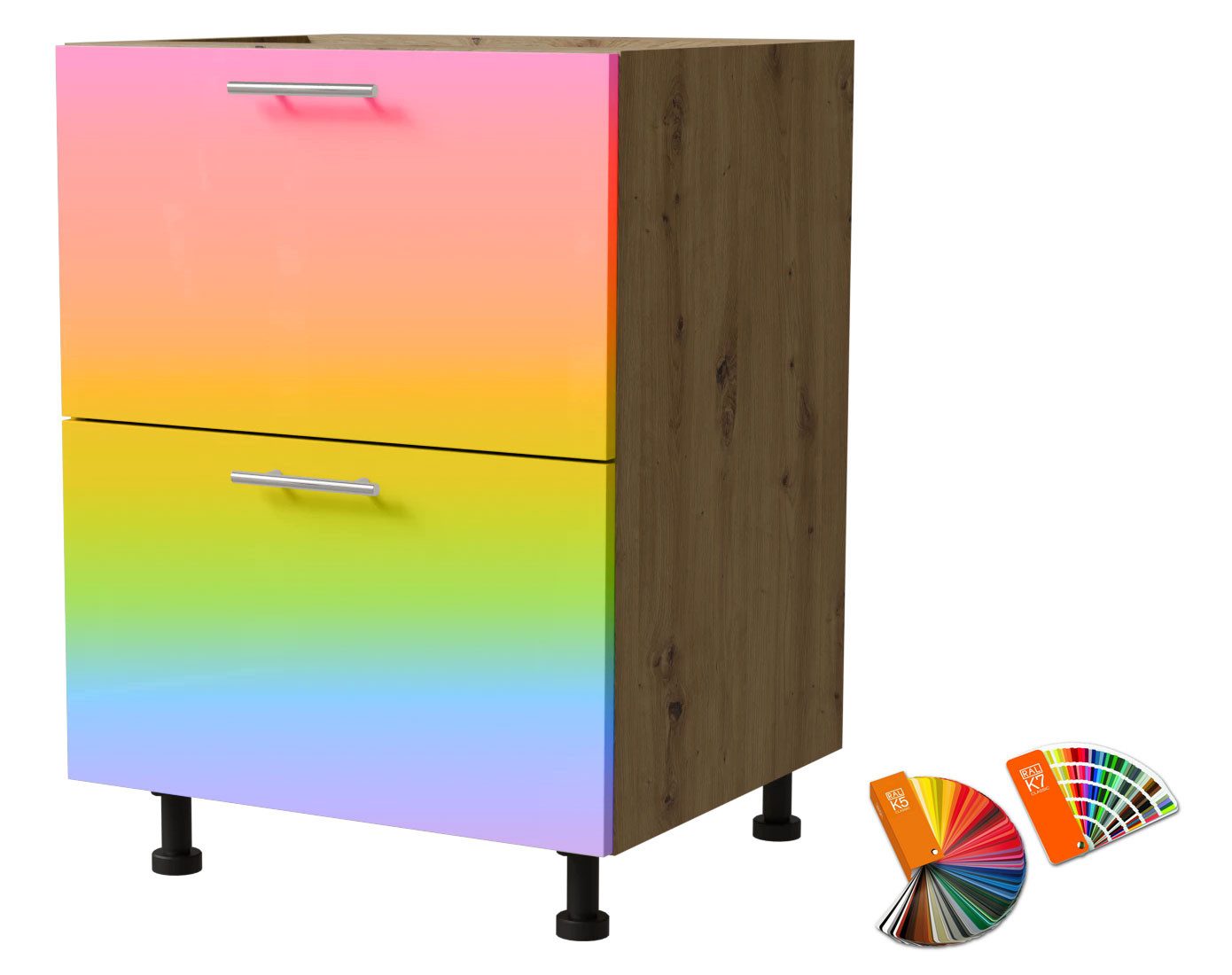 Feldmann-Wohnen Unterschrank Brerra (D2M/60, 2 Schubladen, Blum Metabox Teilauszug, 1-St., moderne Optik, lackierte Fronten, 60x50x82cm) Eiche Artisan / RAL Wunschfarbe (K5 oder K7)