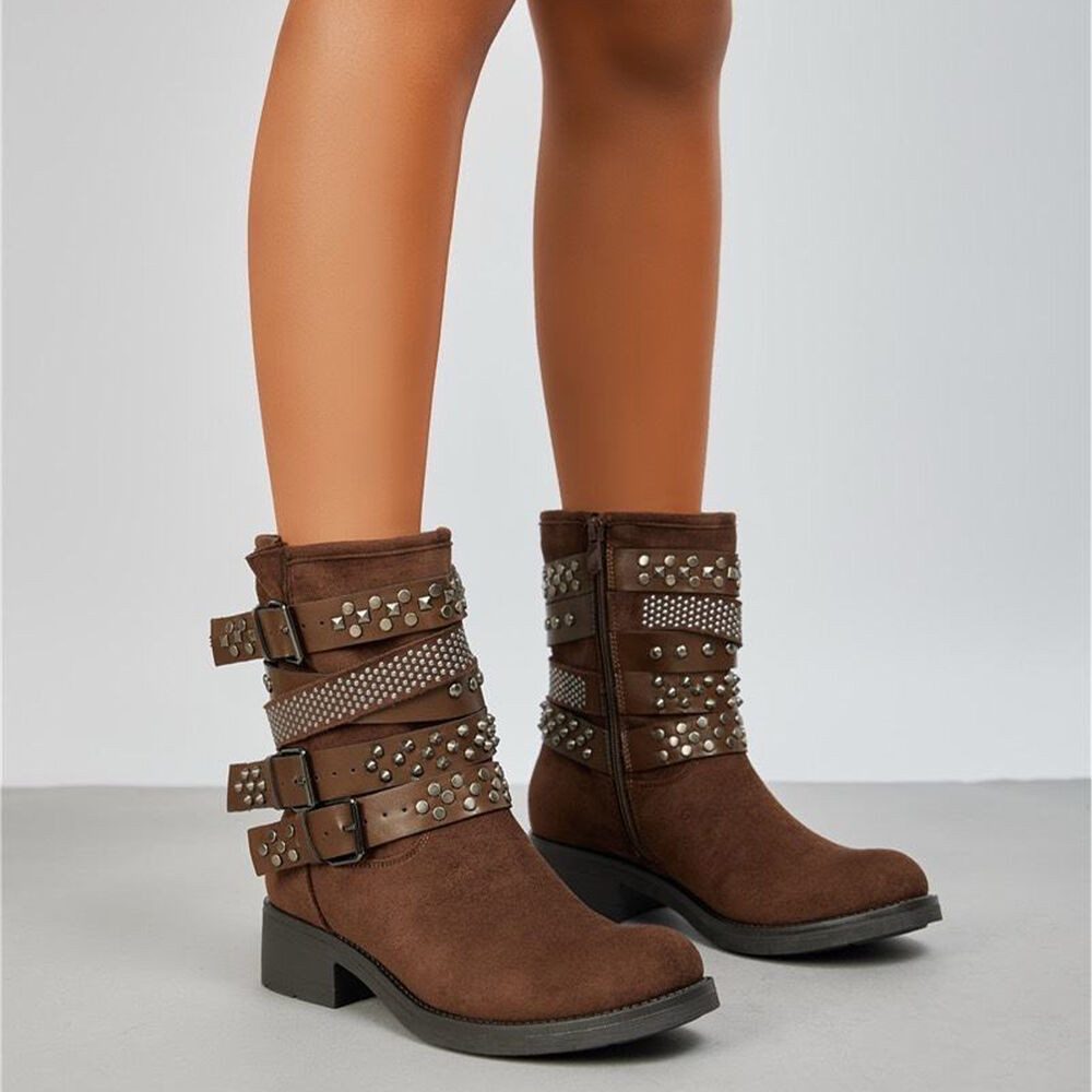 Ital-Design Rebellische Damen Boots mit Nieten und Riemen Stiefelette (90726809) Blockabsatz Western- & Bikerboots in Braun