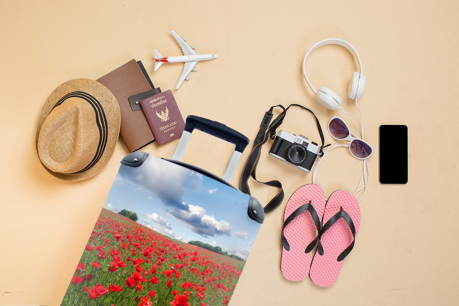 MuchoWow Handgepäckkoffer Mohnblumen - Himmel Ferien, für Blumen, mit Trolley, Reisekoffer Rollen, rollen, 4 Reisetasche - Handgepäck