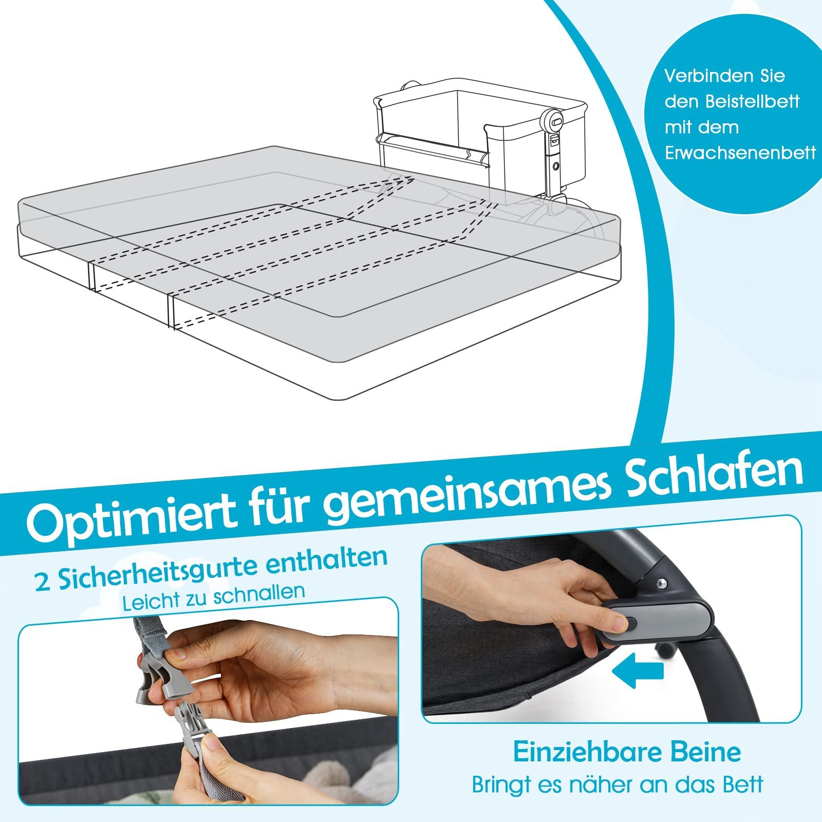 COSTWAY Beistellbett, Stubenwagen, 7 Fach höhenverstellbar, Babybett