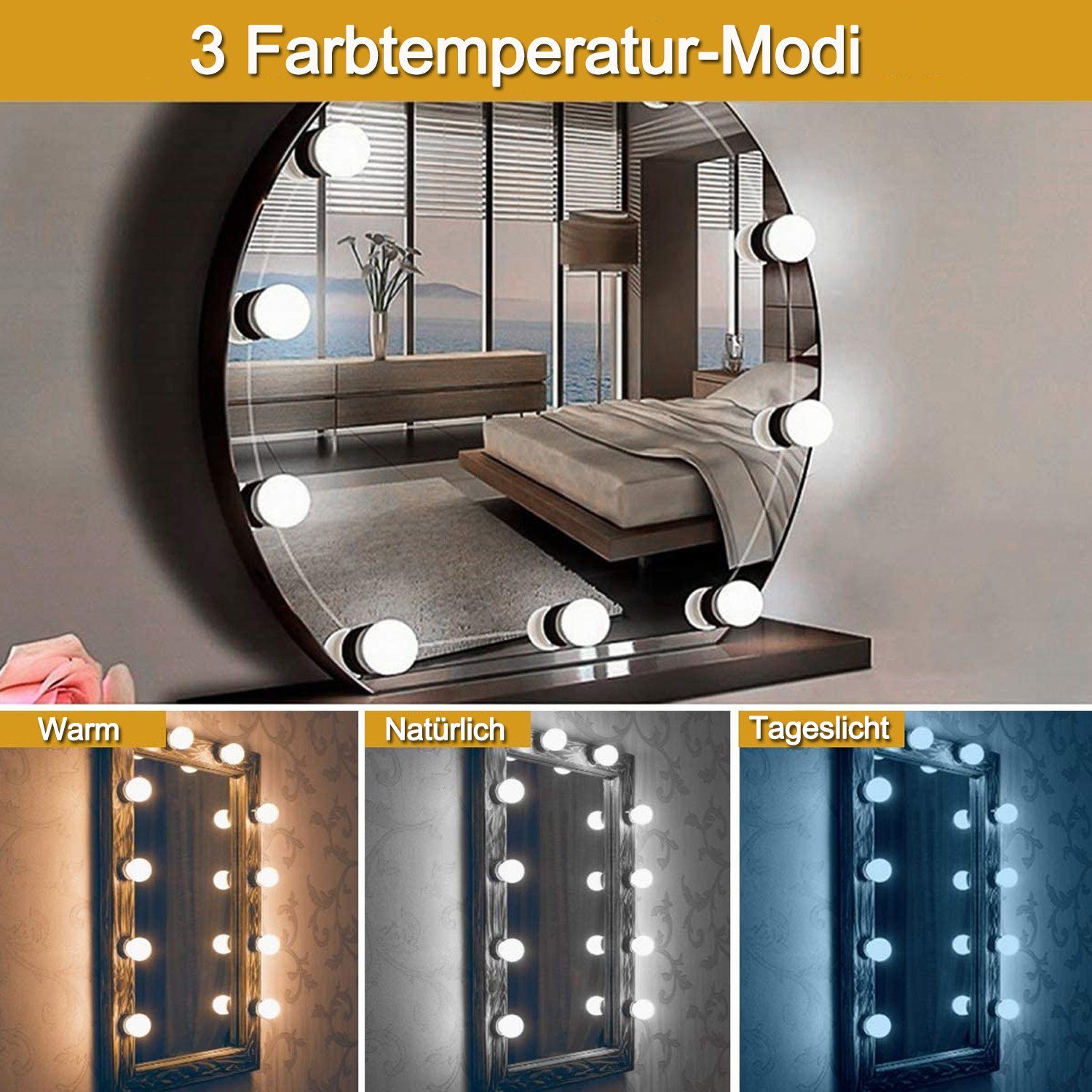 Farbmodi Licht (10-St) LED-Lichtspiegel Schminktisch zggzerg Up Leuchte,Make Led Spiegelleuchte,3