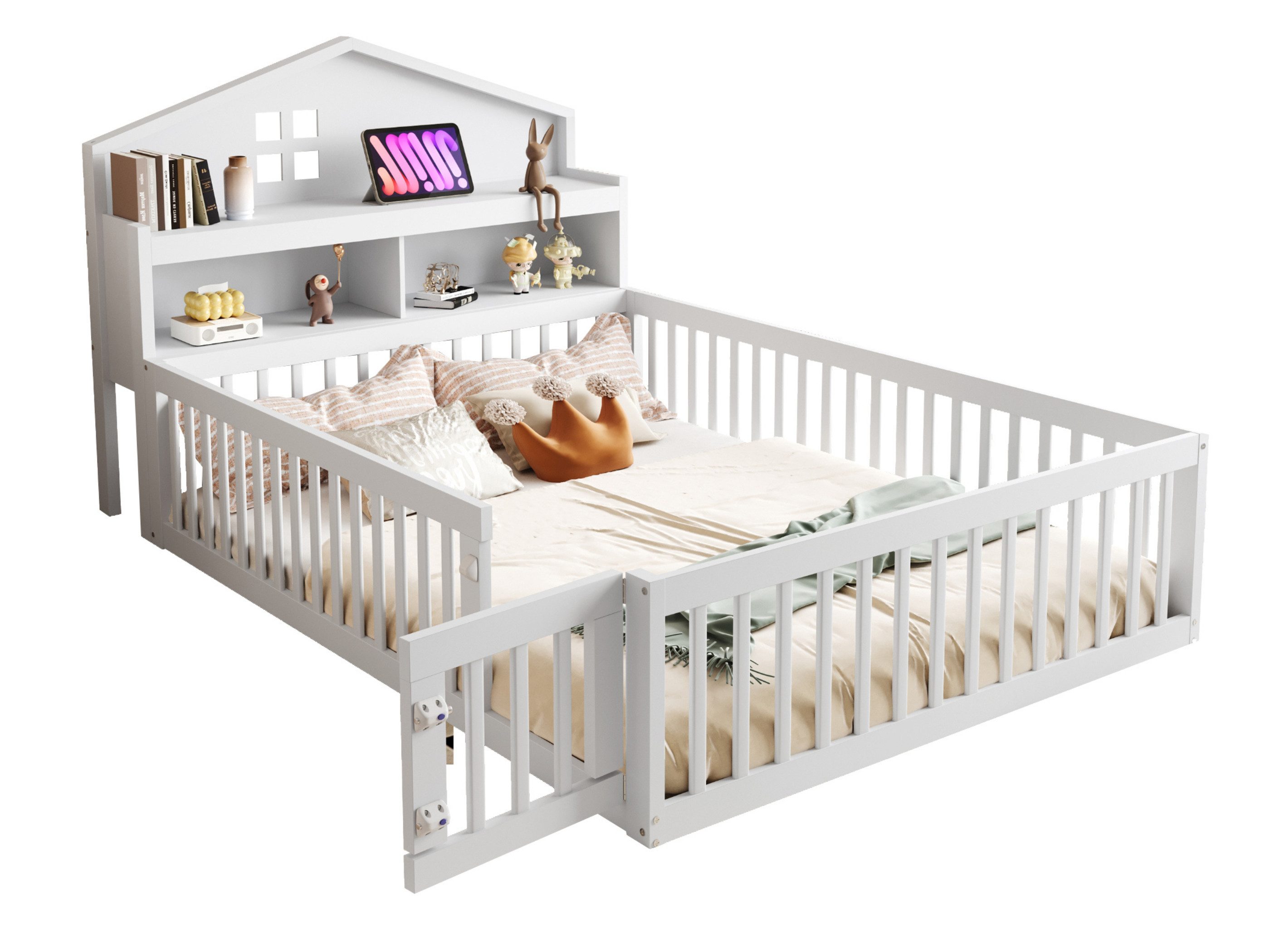 SeedWave Holzbett Kinderbett mit Massivholz-Rahmen, Bodenbett mit Regal, 140 x 200 cm, Schutzgeländer, Gittertür beiderseits montierbar