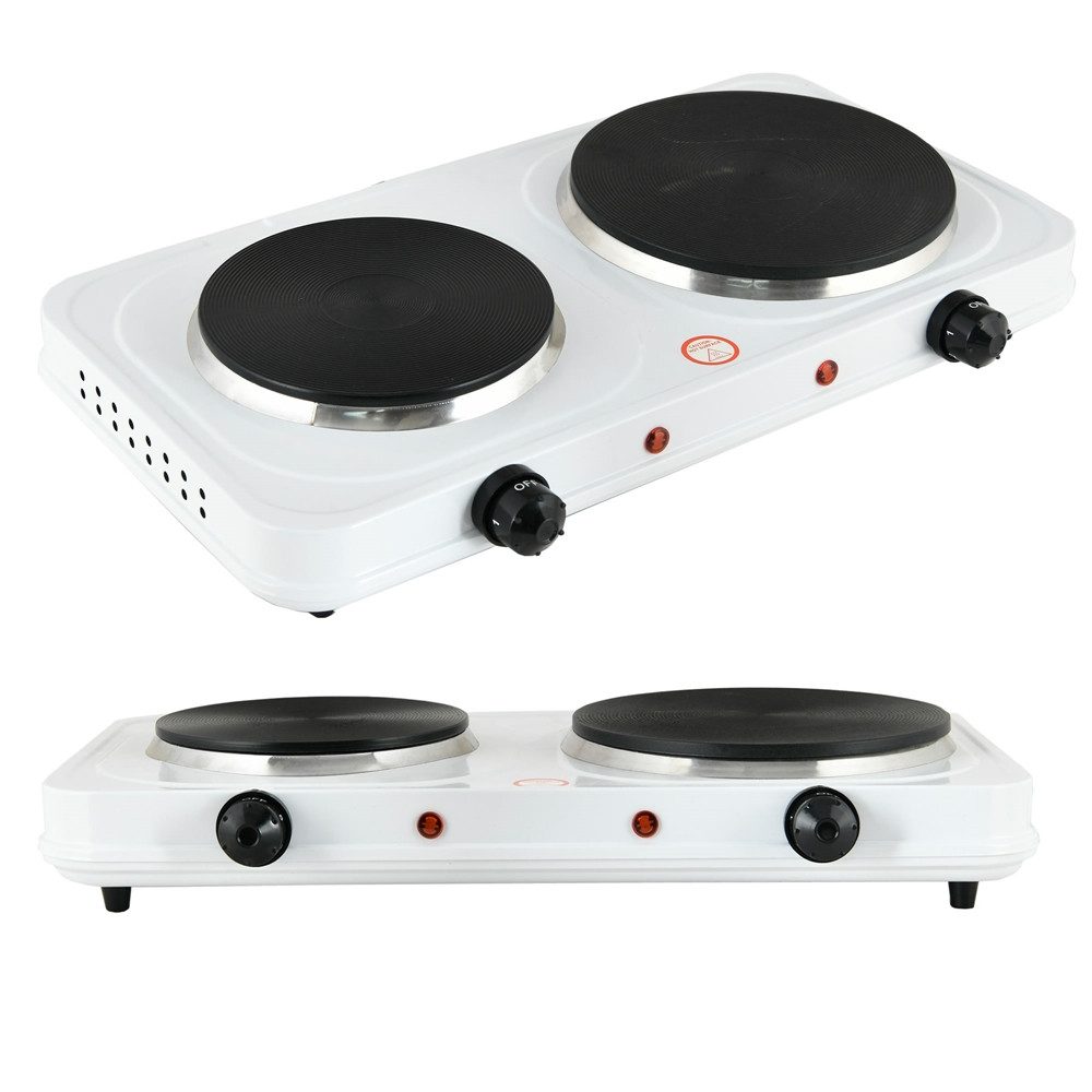 Mucola Doppelkochplatte Camping Kochfeld 2500 Watt Doppel Herdplatte elektrisch Weiß, Flamme 5-fach stufenlos regulierbar durch Drehknopf