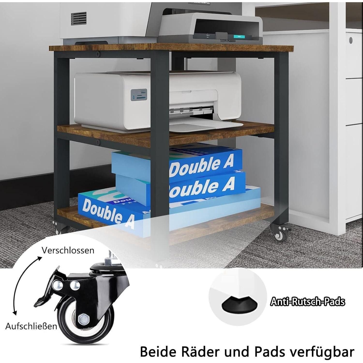 LuxusKollektion Druckertisch Druckertisch 3 Ebenen Universalrollen Holz Metall 50x50x50cm Retro