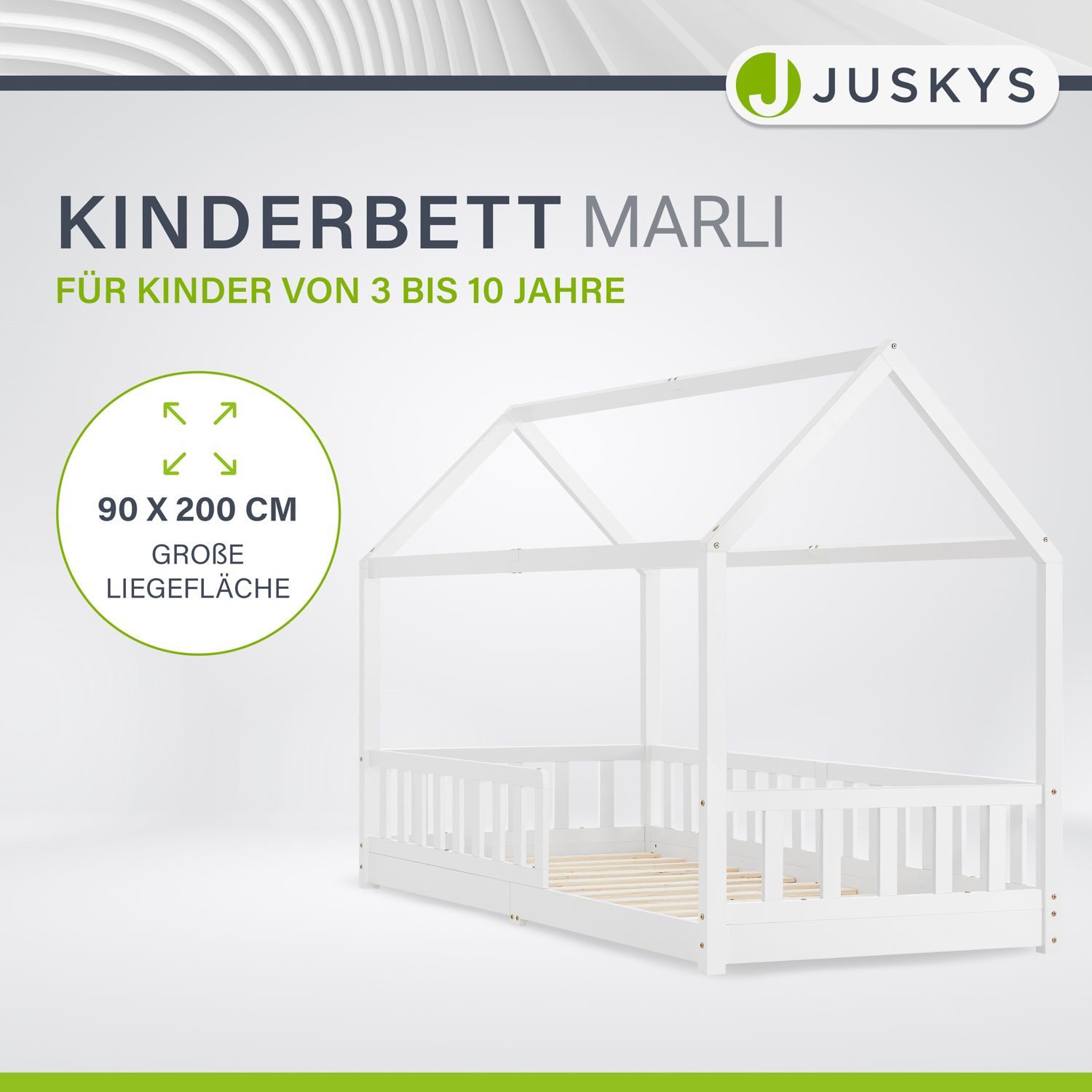 Juskys Kinderbett Marli, 90x200 cm, Hausoptik mit Dach, Holz, Rausfallschut günstig online kaufen