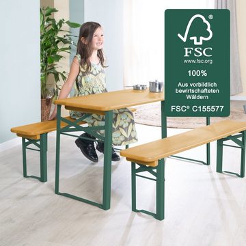 roba® Garten-Kindersitzgruppe Outdoor Kinderparty-Garnitur -2 Bänke + 1 Kindertisch, Klappbare Sitzgarnitur aus FSC zertifiziertem Holz