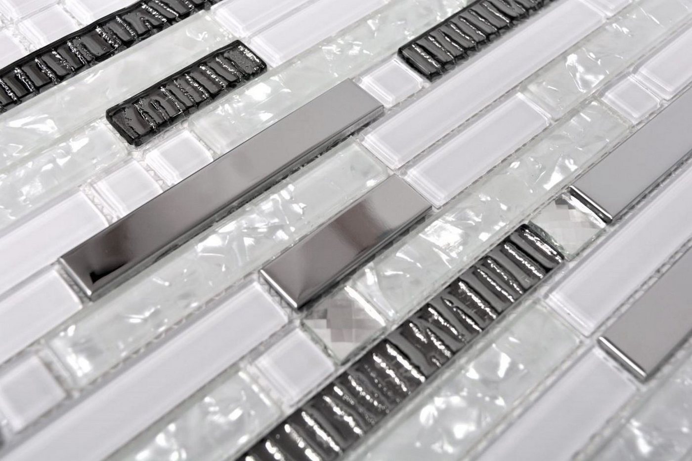 Thumbnail - Mosani Mosaikfliesen Glasmosaik Stäbchen Edelstahl silber weiss