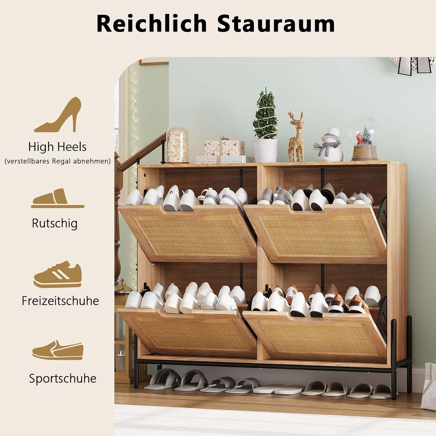 GarveeMore Schuhschrank Schuhkipper Schuhkommode mit 4 Klappen mit 8 Einstellbar Ablageflächen mit 4 Klappen Schuhschrank schmal Schuhregal mit 8 Ablageflächen