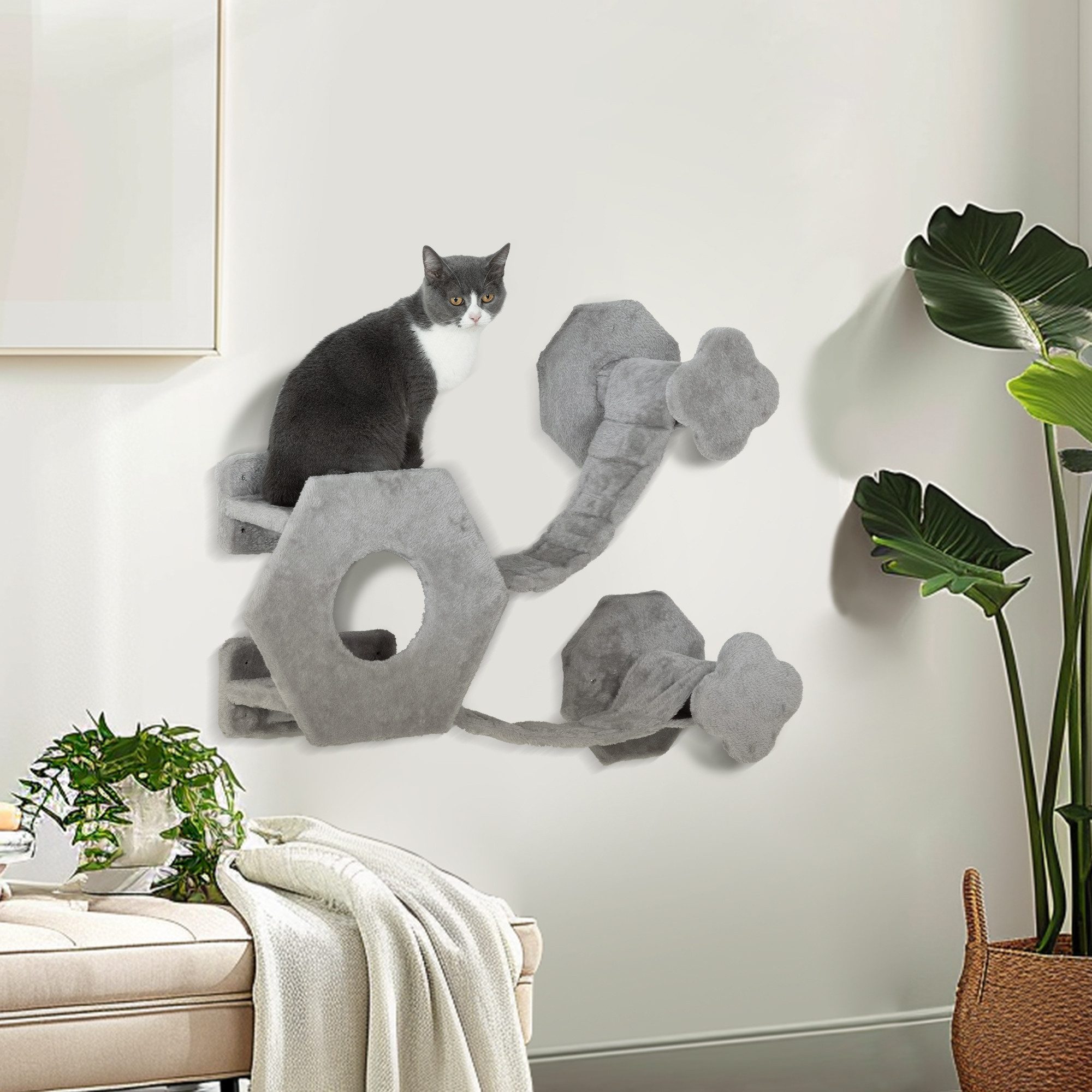 PawHut Katzen-Kletterwand Katzenliege mit Stufen, Katzenhöhle, Sprungturm, Spielzeugball, für Katzen bis 5 kg, Hellgrau