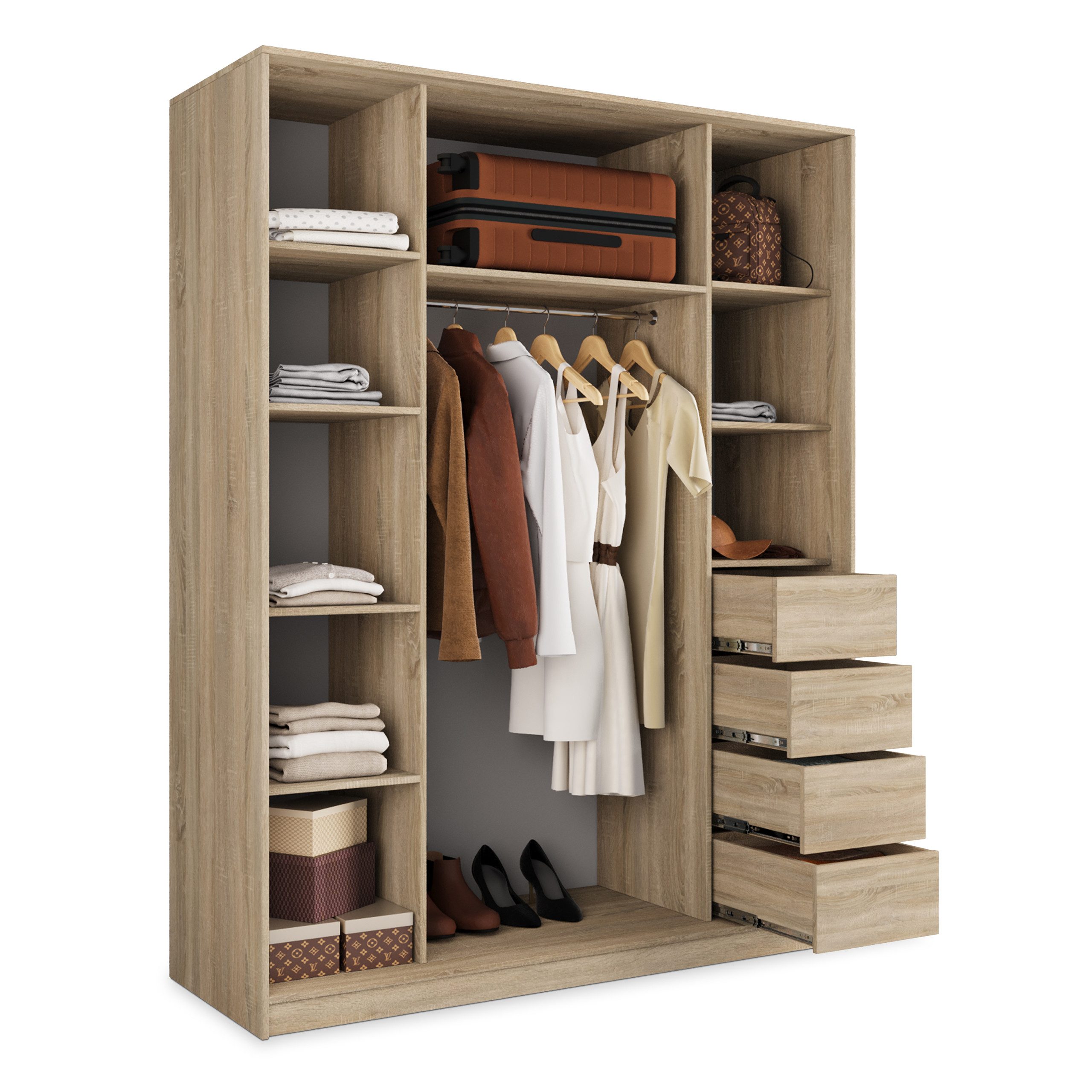 Masseno Schwebetürenschrank PINA 150 cm Kleiderschrank mit Spiegel 3 Türen Eiche Sonoma