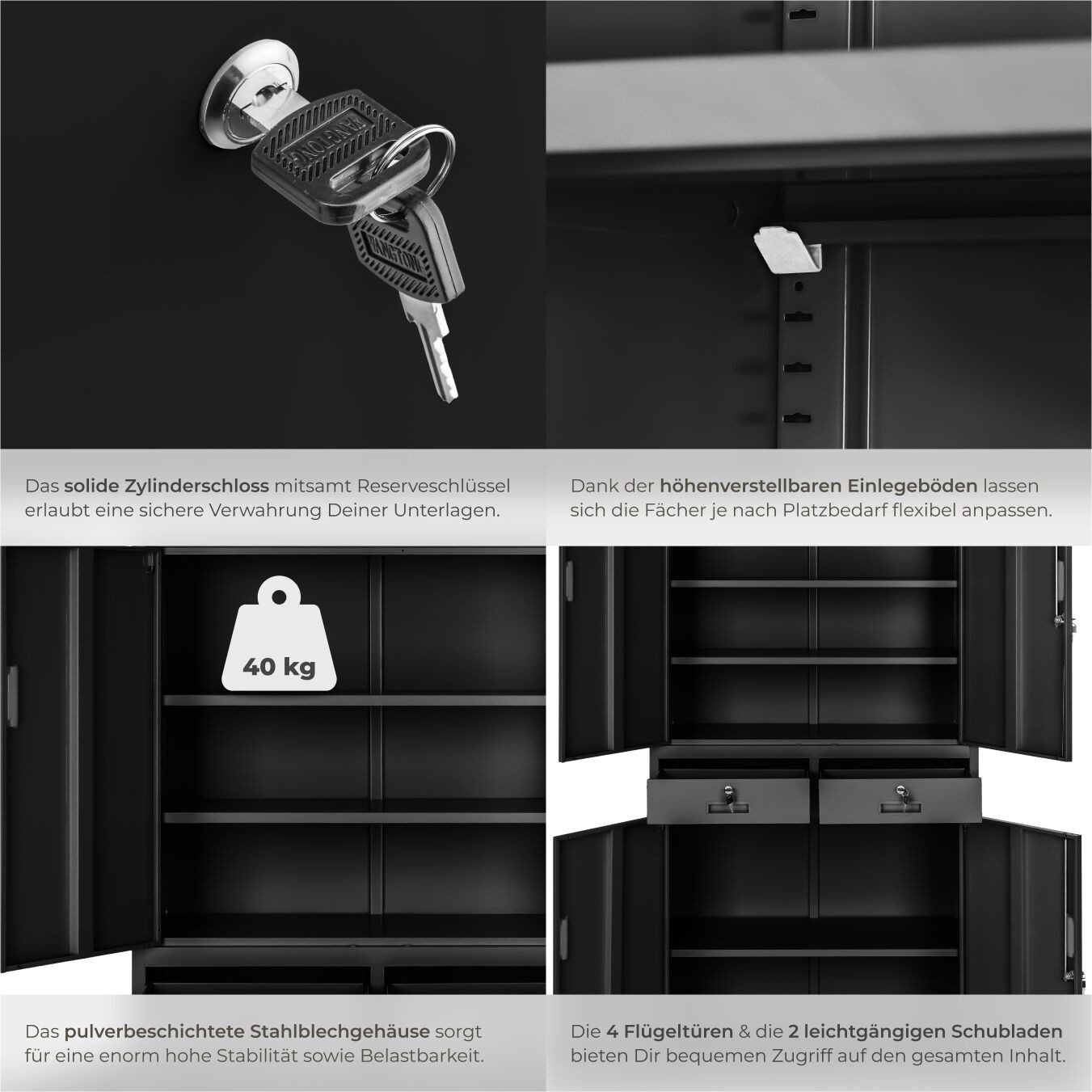 tectake Aktenschrank Solider Büroschrank mit Schubladen und Fächern (Stahlschrank Cosmo, 1-St., in schwarz/schwarz) Verschließbar mit 4 Sicherheitszylinderschlö – Bild 5 von 5