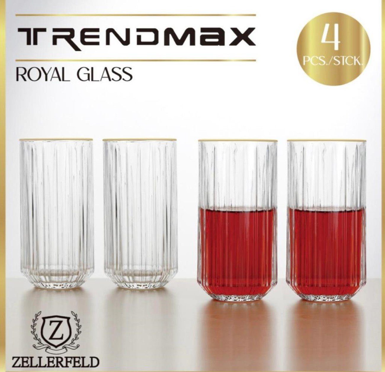 ZELLERFELD Gläser-Set 4-teiliger Wasserglas-Set mit Goldumrandung transparent Trinkgläser