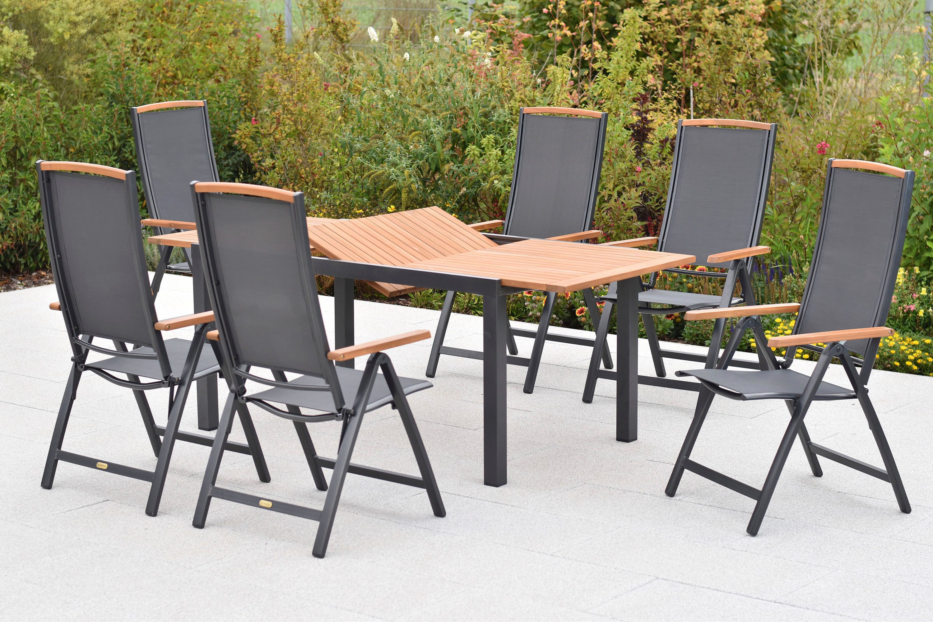MERXX Garten-Essgruppe Siena, (Set, 7-tlg), inkl. 6 Klappsessel, 1 Ausziehtisch