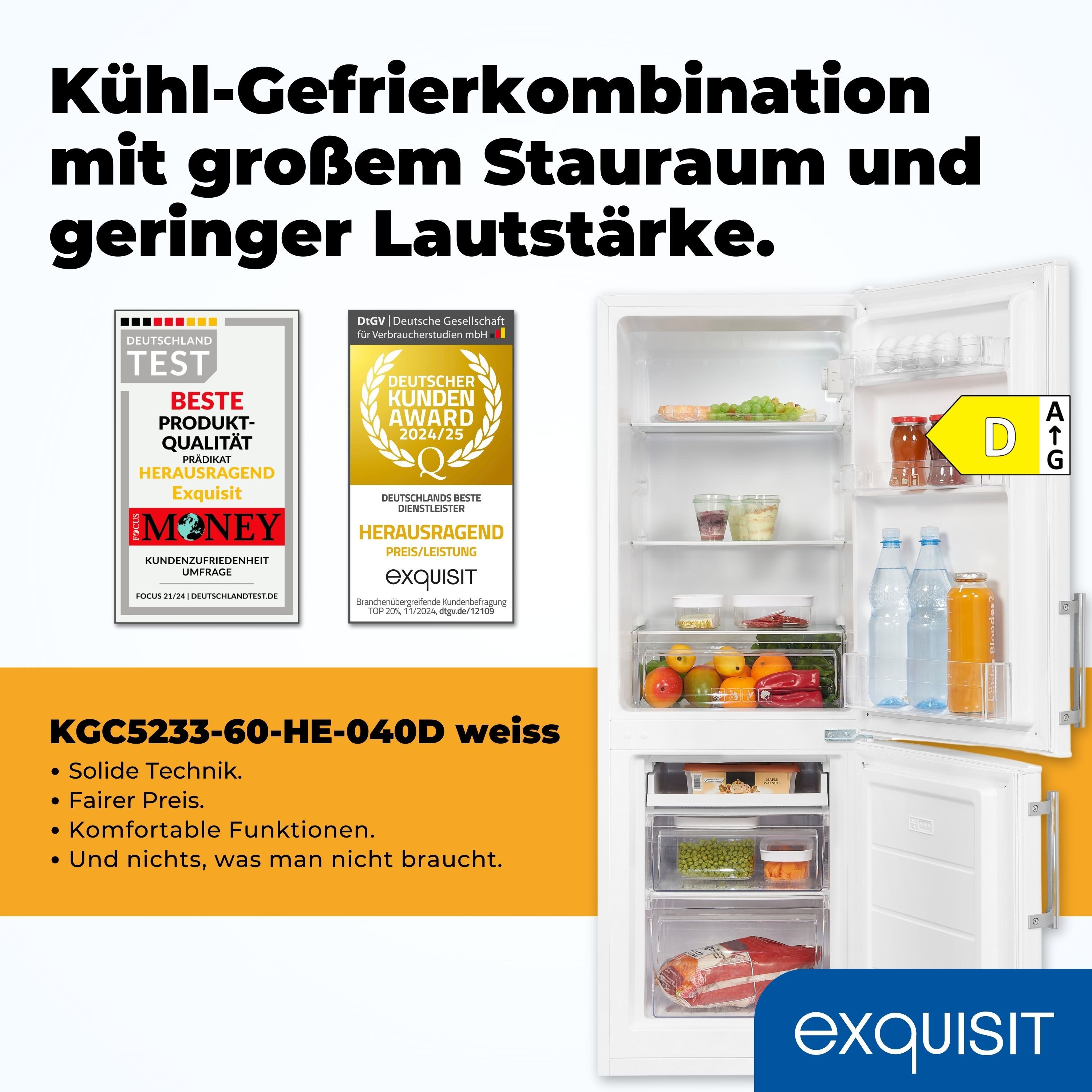 exquisit Kühl-/Gefrierkombination KGC5233-60-HE-040D, 142.5 cm hoch, 50 cm breit, 173 Liter, Alarm-Funktion, 4-Sterne-Gefrierfach, 3 Glasablagen