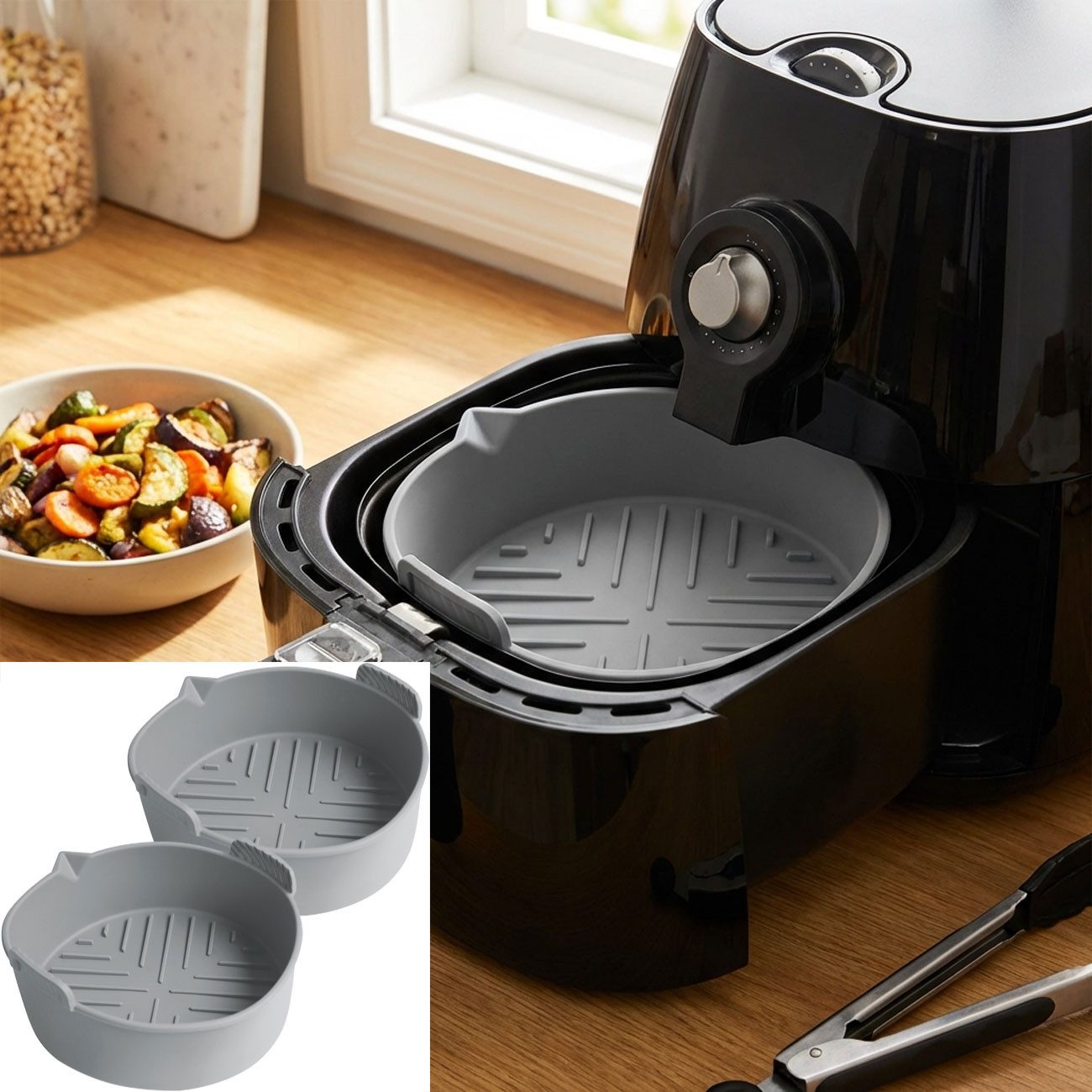 Casativo Silikonform Silikon Form für Heißluftfritteuse antihaft Ø 19 x H 6 cm RUND, (2-tlg), Silikonform für Airfryer 6,5L, BPA-frei, 19,5x18,7x6 cm RUND