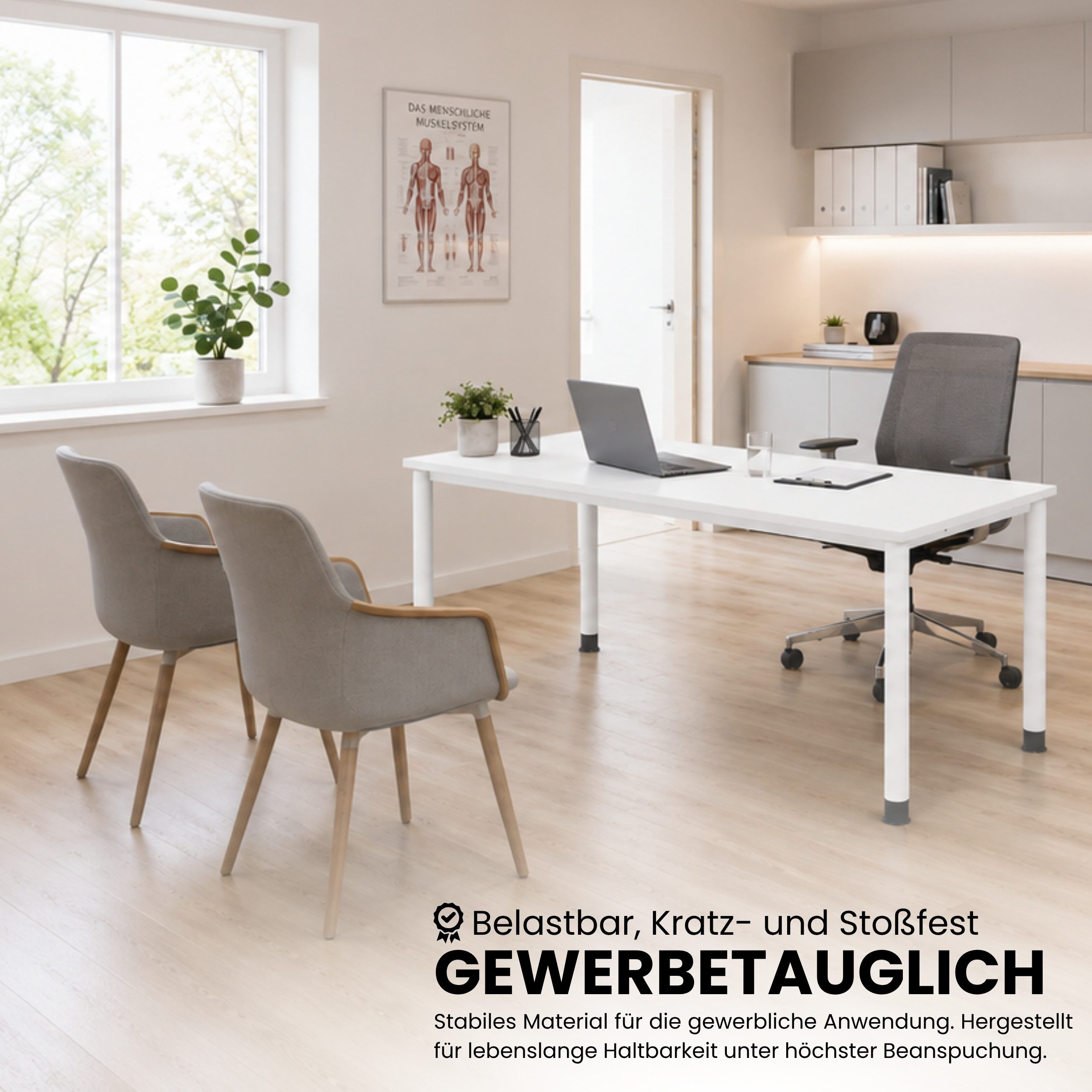 bümö Schreibtisch Serie-H, Gestell: Weiß, Freiform: 180 x 100 cm - Dekor: Weiß