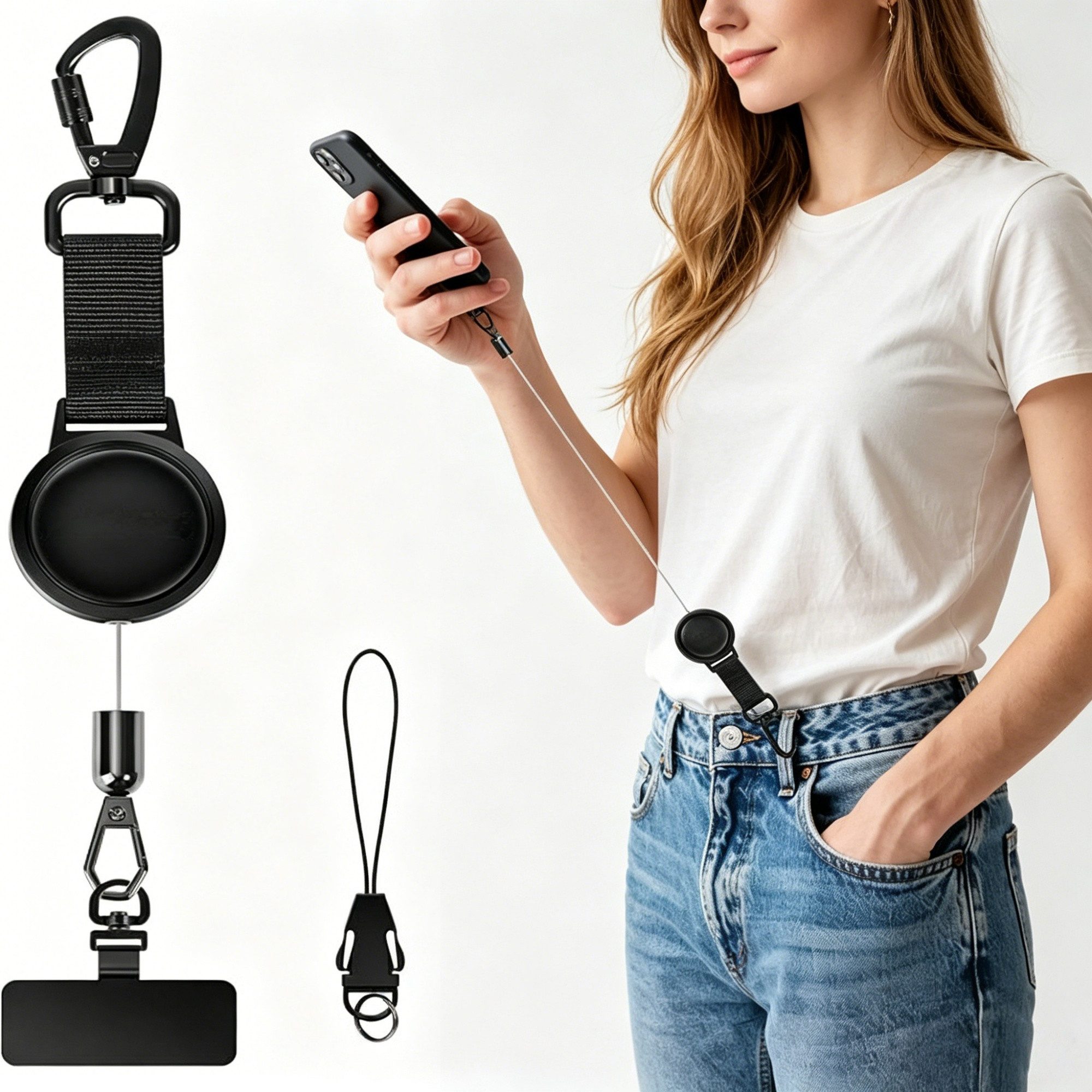 ibettertec Handykette Einziehbares Handy-Sicherungsband, Einziehbarer Umhängeband mit Diebstahlschutz und Metallhaken und 360°-Metallhalterung, Handy-Umhängeband für Outdoor wie Wandern, Klettern und Angeln