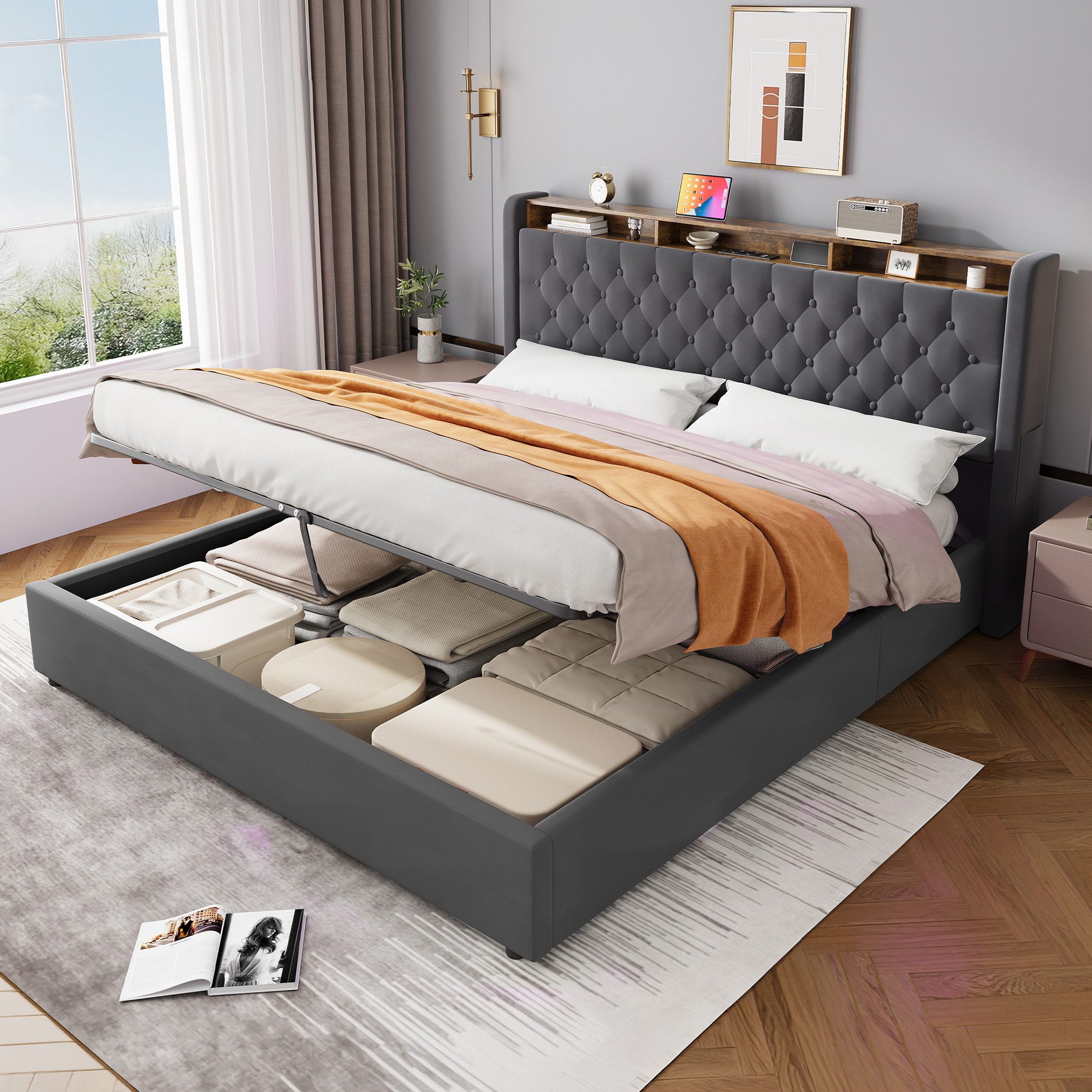 HAUSS SPOLE Polsterbett Stauraumbett Boxspringbett Jugendbett mit Bettkasten & Kopfteil (180×200 Doppelbett Kinderbett mit Stauraum und klappbarem Kopfteil), Bettrahmen mit Matratze für den täglichen Komfort