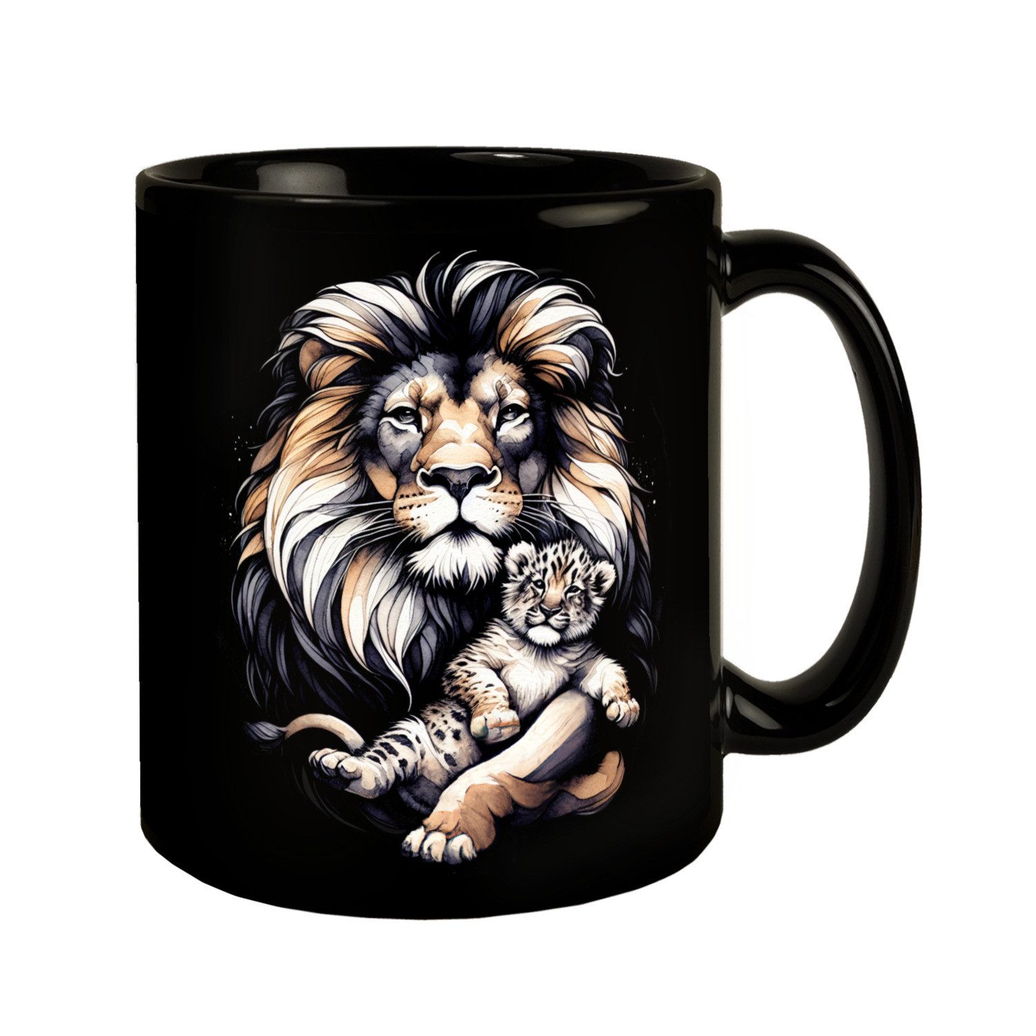 Tasse Löwe mit Babylöwen Tasse in Schwarz