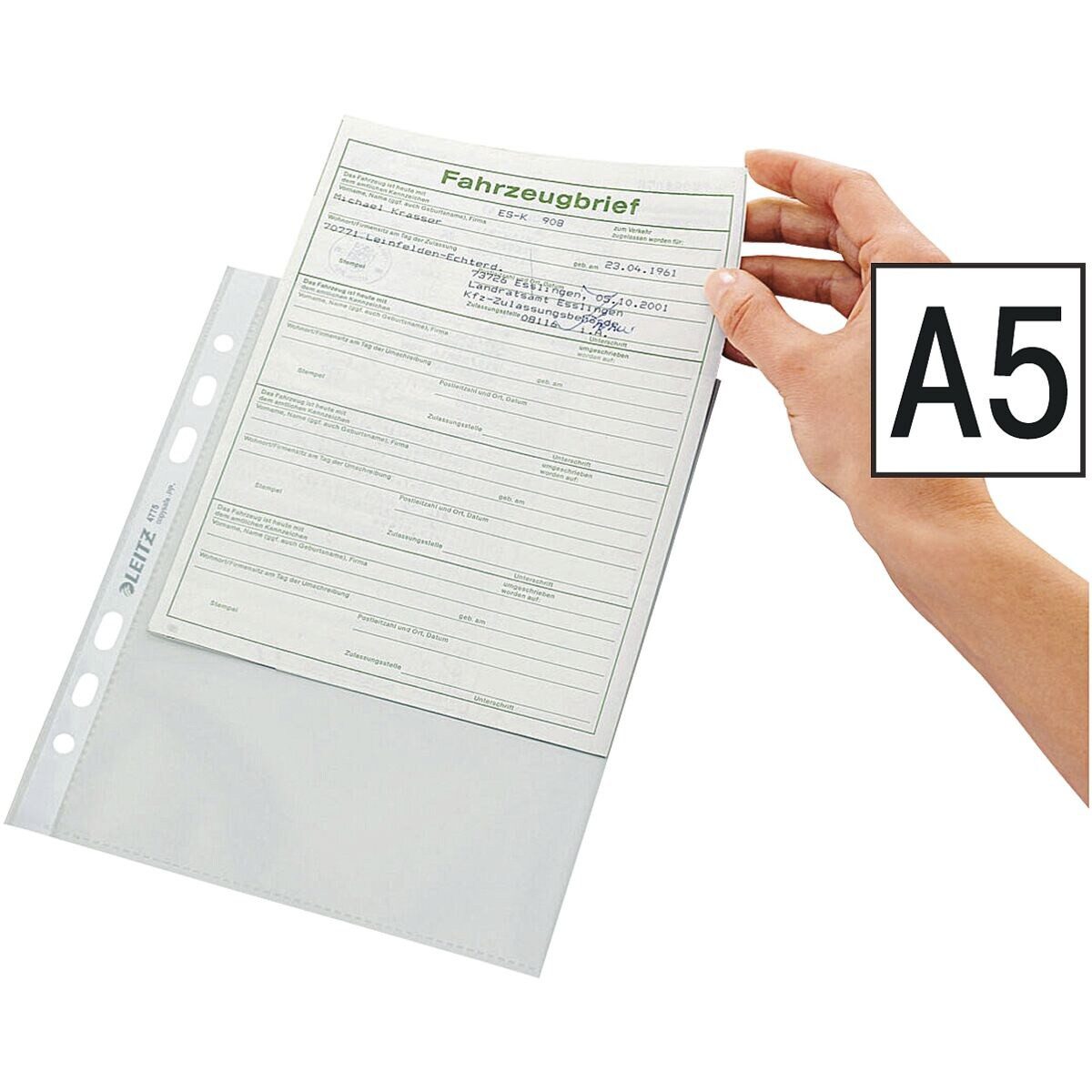 LEITZ Prospekthülle 4775, 100 Stück, glasklar, Format A5, 6-fach-Lochung, oben offen