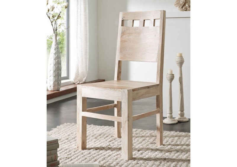 Massivmoebel24 Holzstuhl NATURE WHITE (Moderner, massiver Stuhl mit dekorativen Aussparungen in der Lehne, natur getüncht 45x45x100 Akazie montiert), Echtholz, Modern