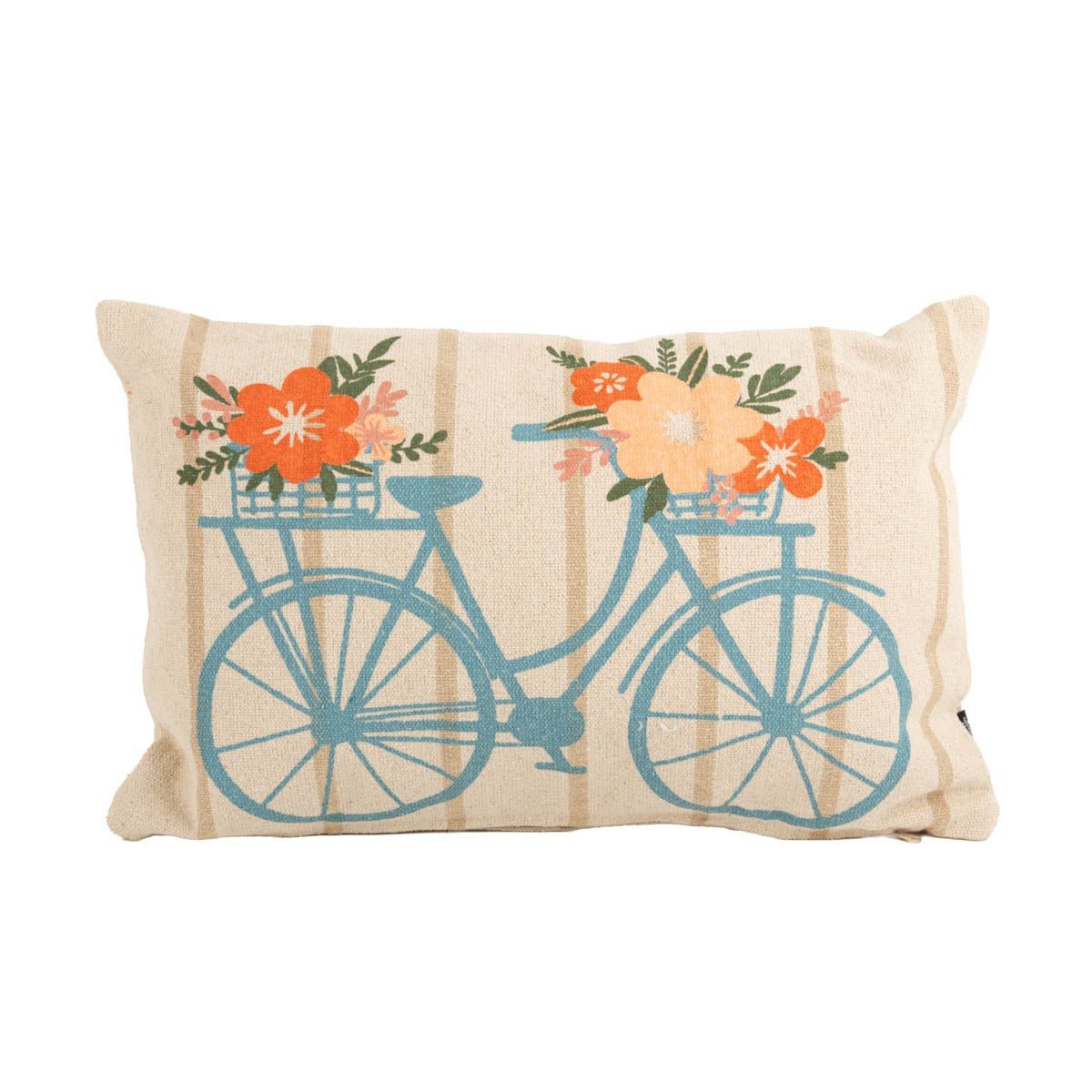 SCHÖNER LEBEN. Dekokissen Deko-Kissen Baumwolle Fahrrad Blumen 40x60 cm gestreift Türkis Orange