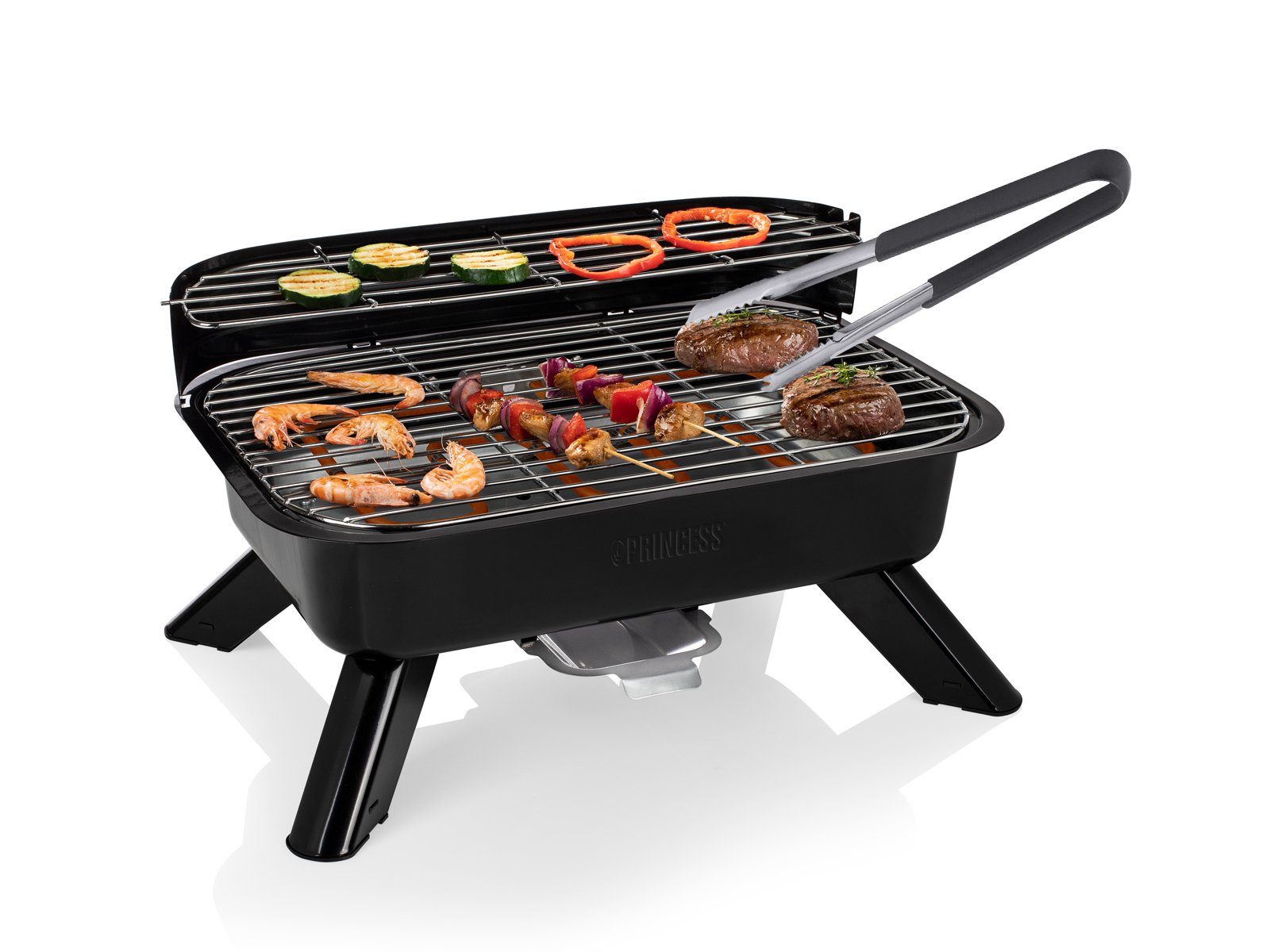 PRINCESS Tischgrill, 2000 W, Hybrid Holzgriller & Elektrogrill Barbecue Camper Grill-Geräte & Zange