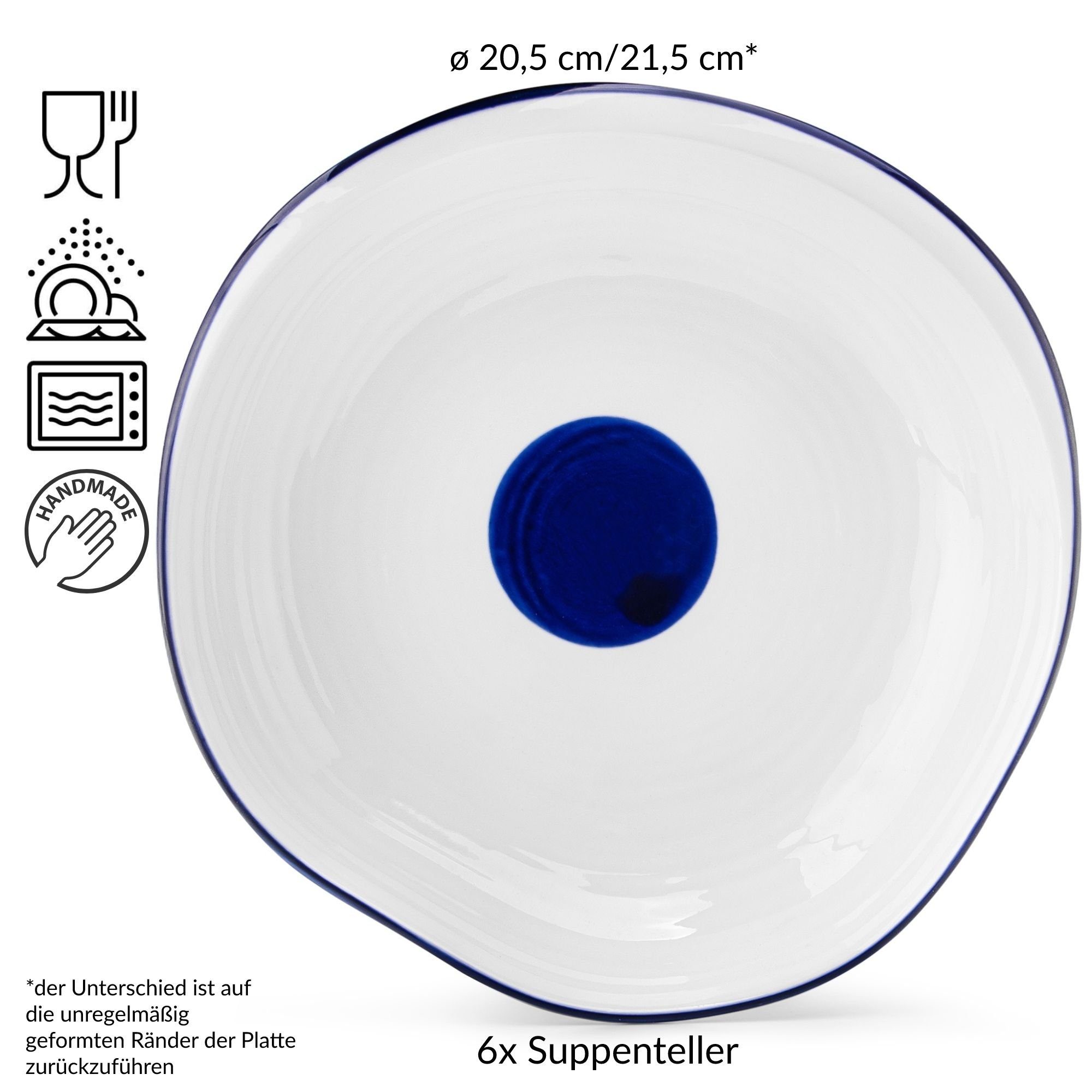 Teller-Set Personen, ø21,5cm, 6 KROG handgefertigt Konsimo Suppenteller Porzellan, (6-tlg),