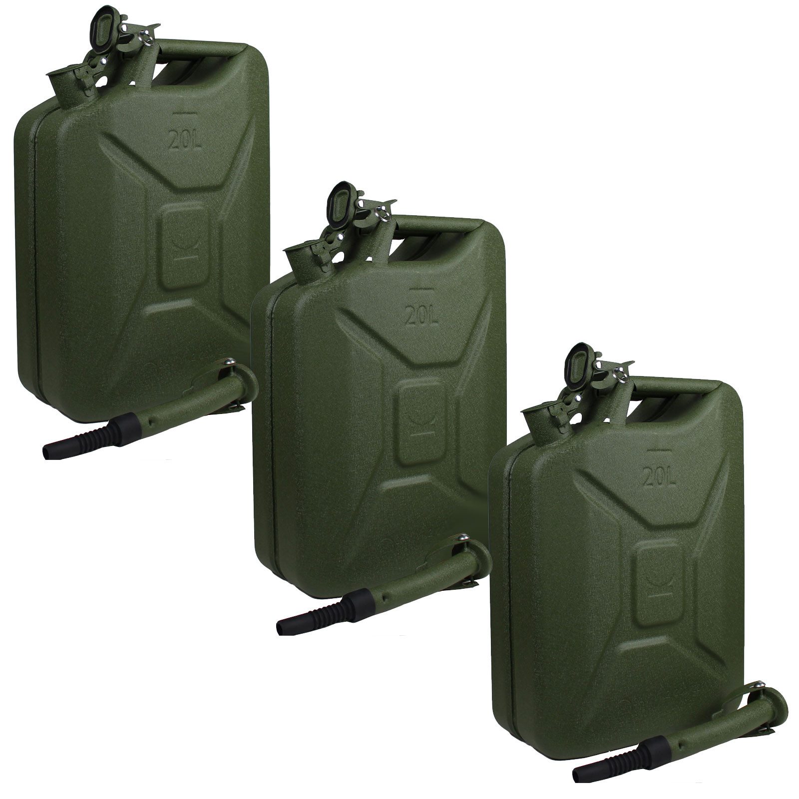TRUTZHOLM Kanister Metallkanister Hammerschlag olivgrün 20 Liter Benzin Diesel PKW (Spar-Set, 3er Set), inkl. Ausgießer+Halter