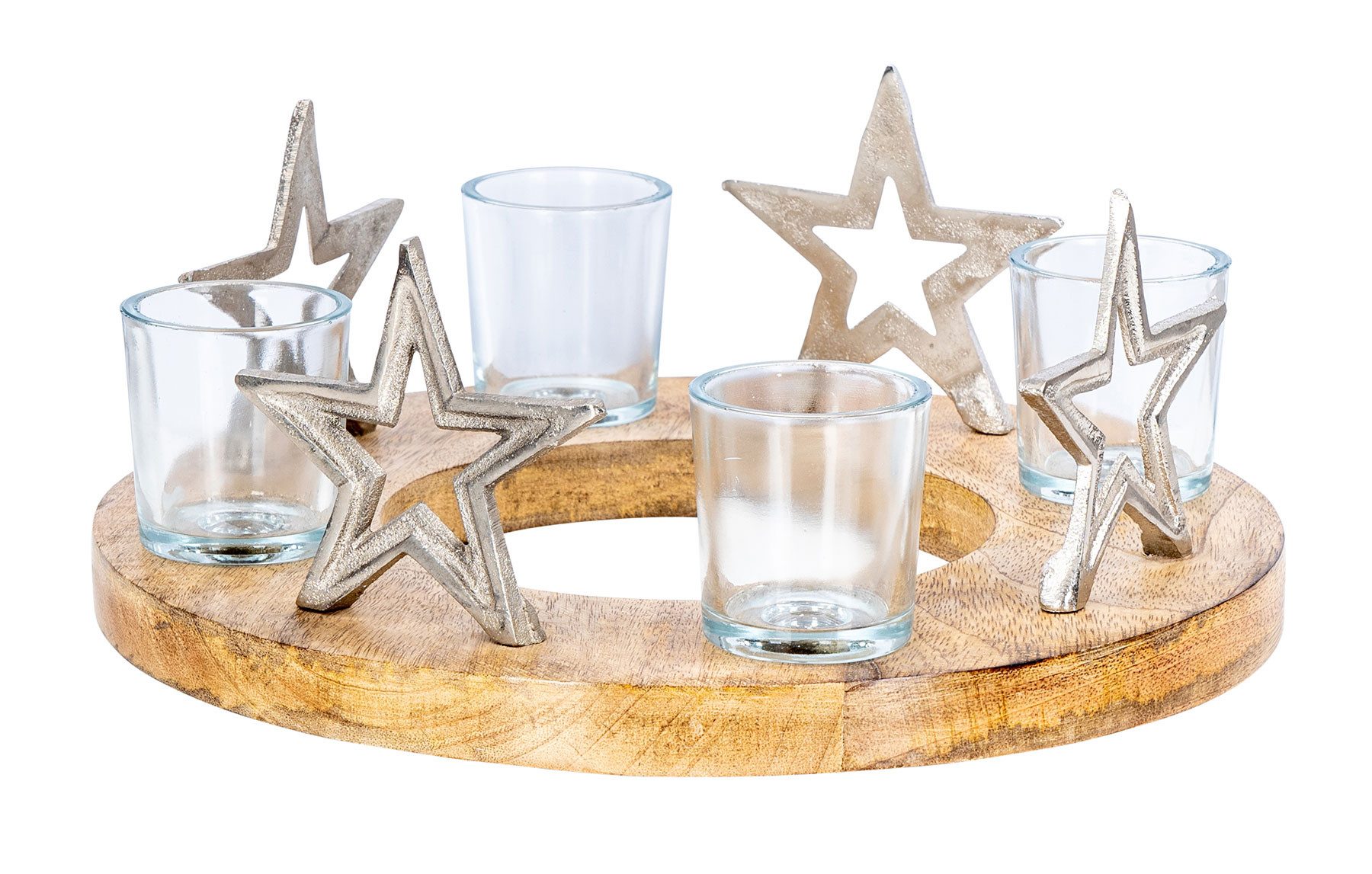 Levandeo® Adventskranz, Adventskranz ø30cm Mango Holz Silber Natur Kerzenhalter Sterne