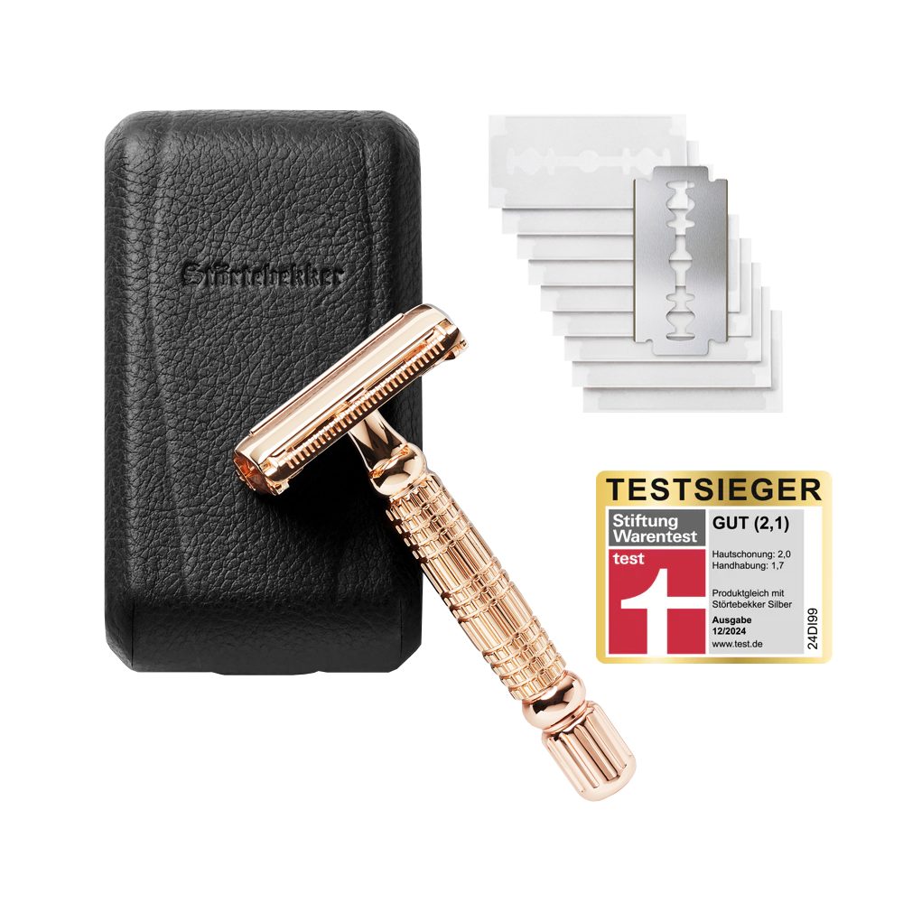 Störtebekker Rasierhobel Herren - Rosé-Gold - im handgefertigten Lederetui inkl. 10 Klingen, perfekt für Einsteiger