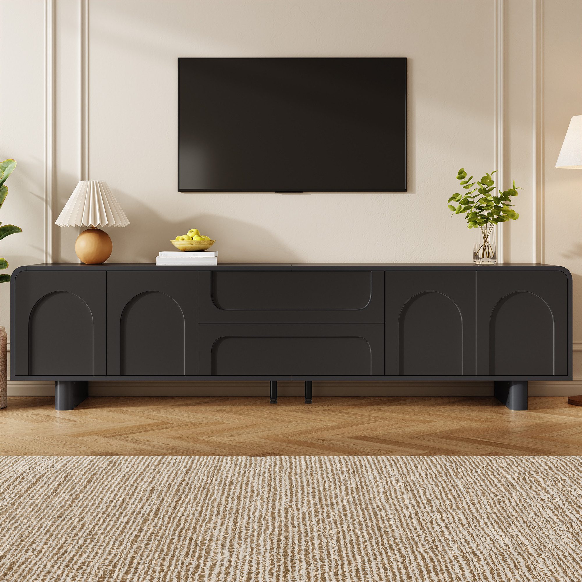 Merax Lowboard mit abgerundeten Kanten und Kabelöffnung (1 St., 180 x 40 x 46 cm (L x B x H), TV-Schrank mit 4 Türen, 2 Schubladen & gedämpften Scharnieren