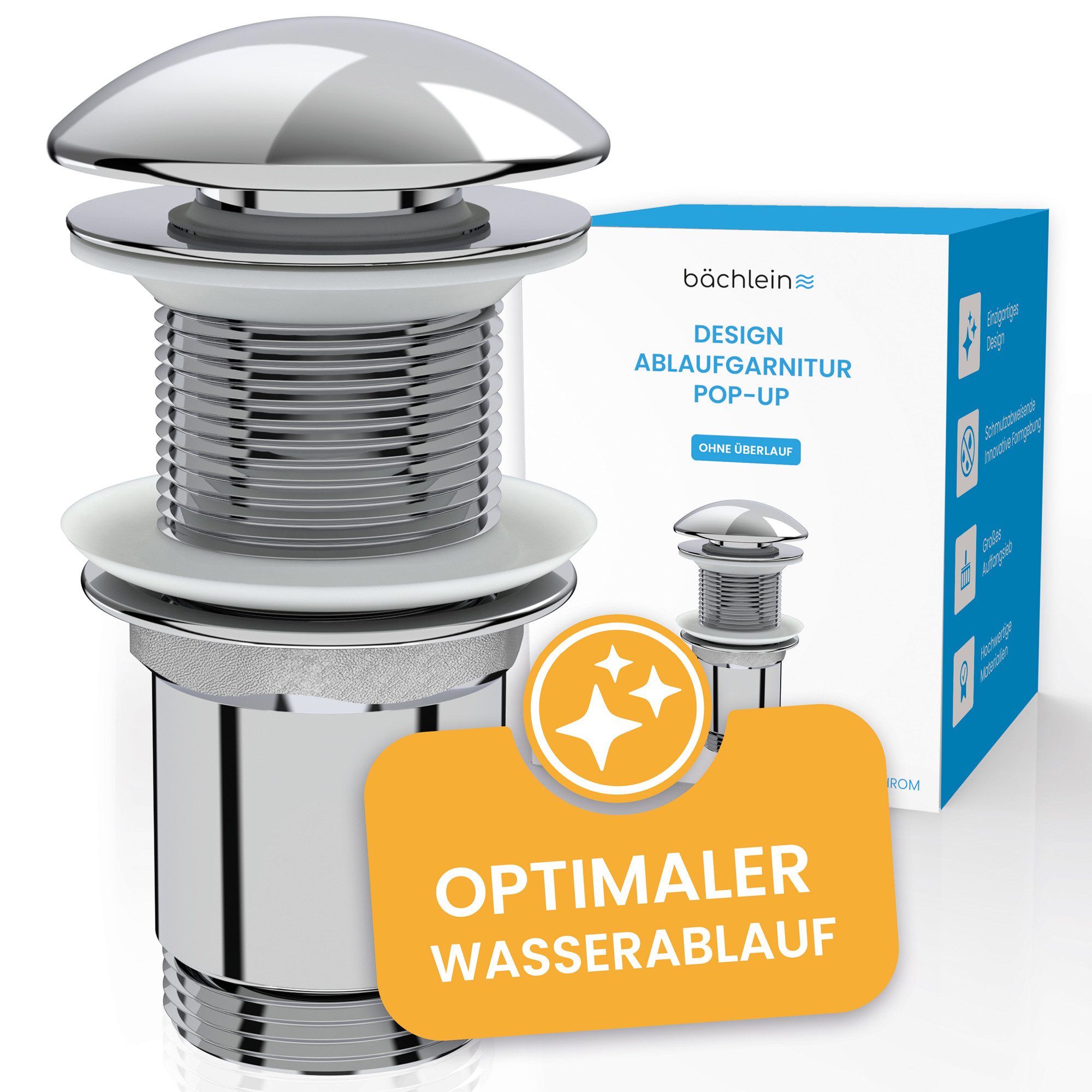 Bächlein Ablaufgarnitur Design Pop Up - mit optimiertem Wasserablauf Werkzeugloser Einbau - Click Clack Funktion