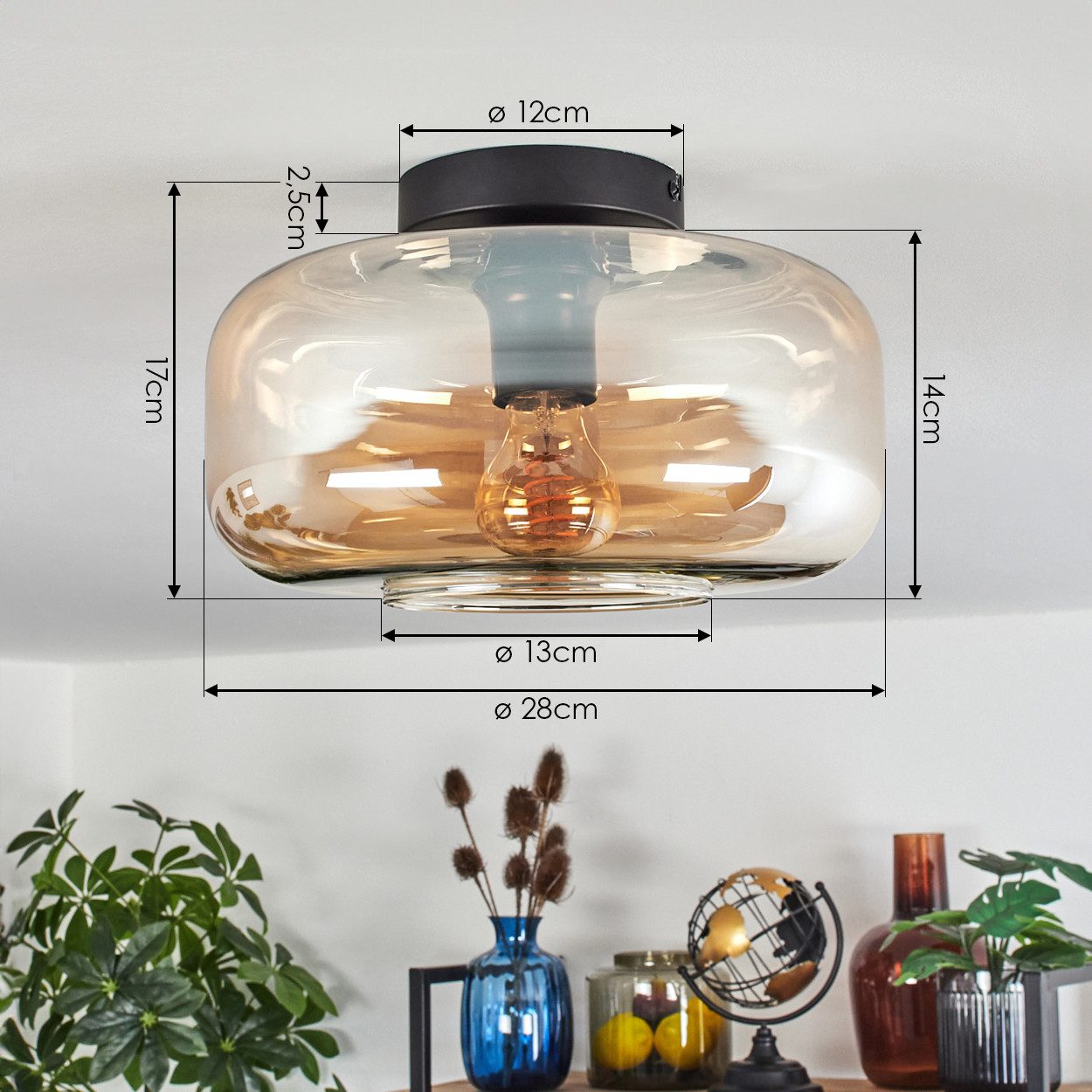 hofstein Deckenleuchte runde Deckenlampe aus Metall/Glas in Schwarz/Bernsteinfarben, ohne Leuchtmittel, im Vintage-Design mit Glasschirm (28 cm), 1 x E27, ohne  – Bild 4 von 5