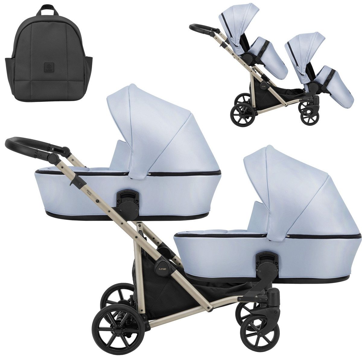 KUNERT Zwillings-Kombikinderwagen BRAV DUO 2in1 Öko-Leder Doppelkinderwagen - Flexibel und Kompakt, 12 Konfigurationen, leichtes Aluminiumgestell, große Ablagefächer